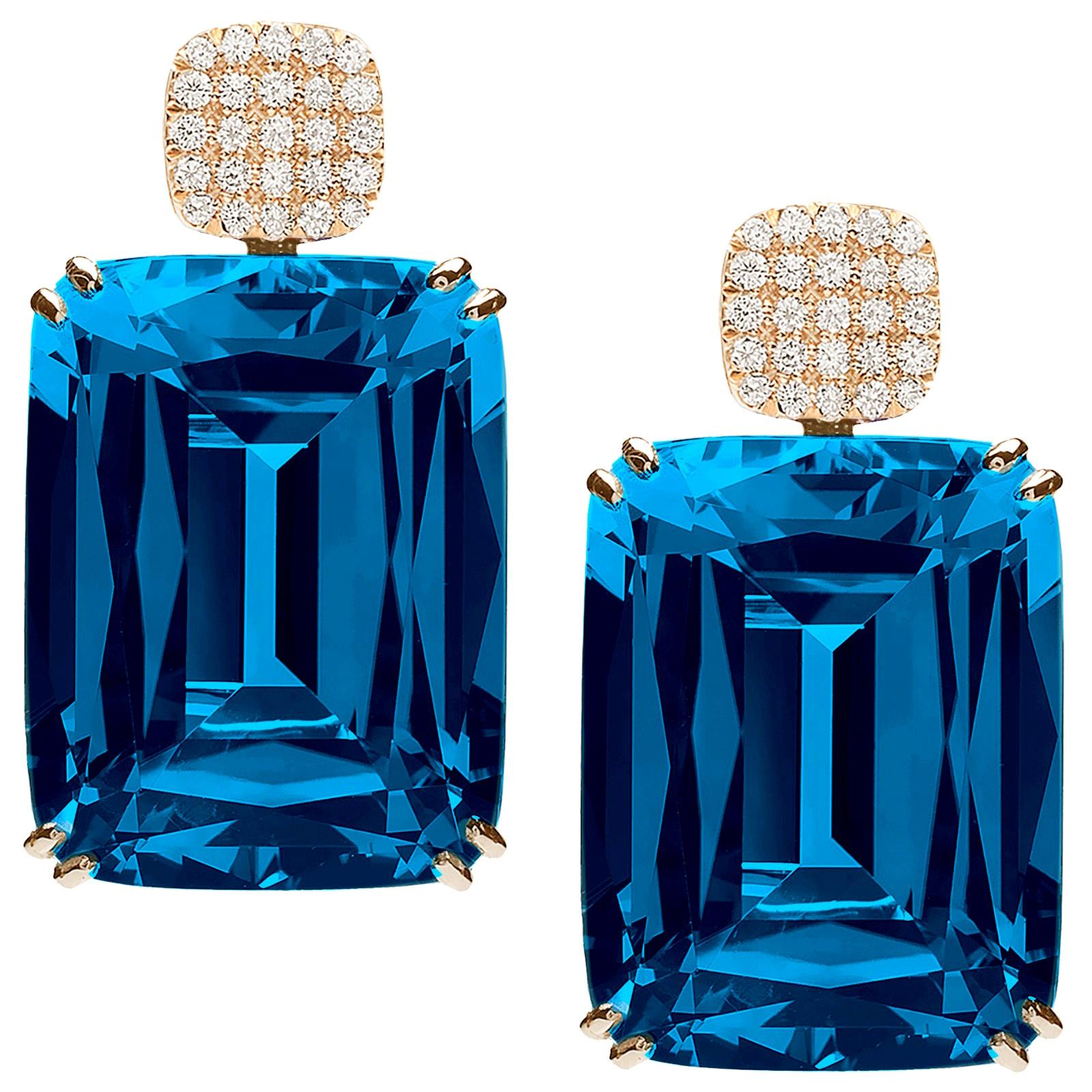 Goshwara Cushion London Blue Topaz and Motif Diamond Earrings