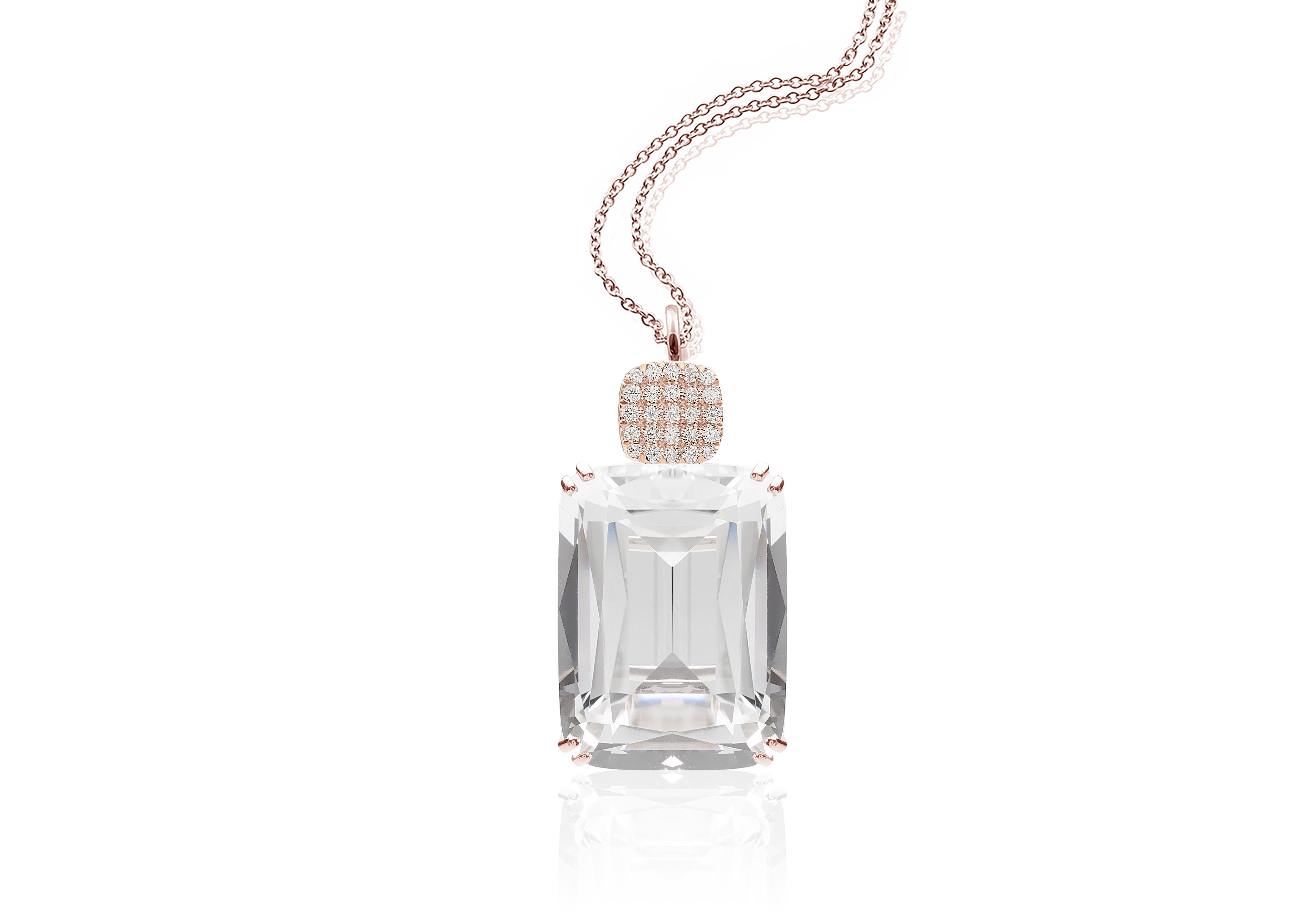 Rock Crystal Cushion Pendant in 18K Rose Gold with Diamonds, from 'Gossip' Collection. Like any good piece of gossip, this piece carries a hint of shock value.

* Length: 18'' 
* Gemstone size: 15 x 20 mm 
* Gemstone: 100% Earth Mined 
* Approx.