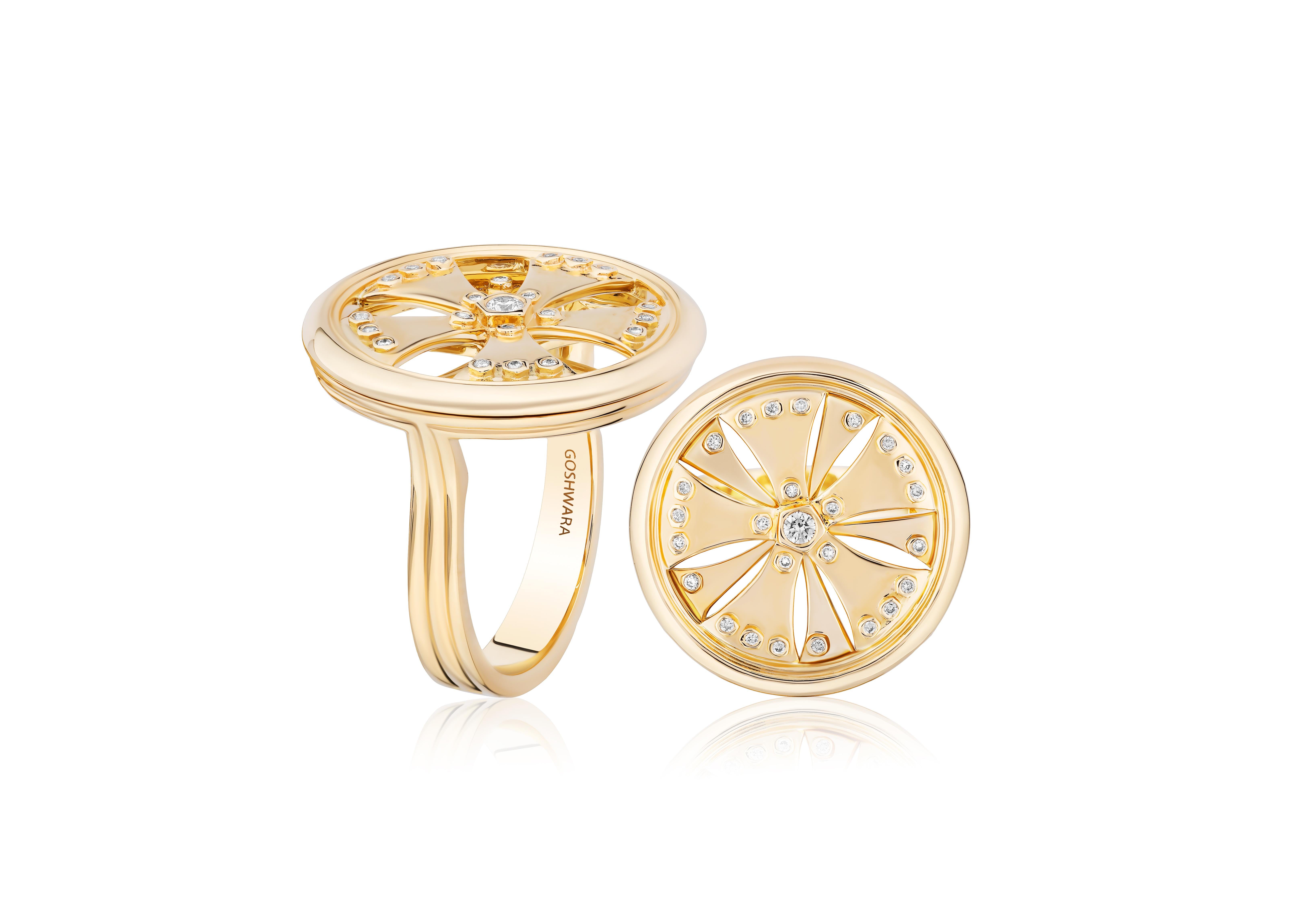 The Diamond & Gold Wheel Ring from the 'G-Classics' Collection is an exquisite piece of jewelry crafted in luxurious 18K yellow gold. This striking ring features a captivating design with a central wheel motif adorned with dazzling diamonds,