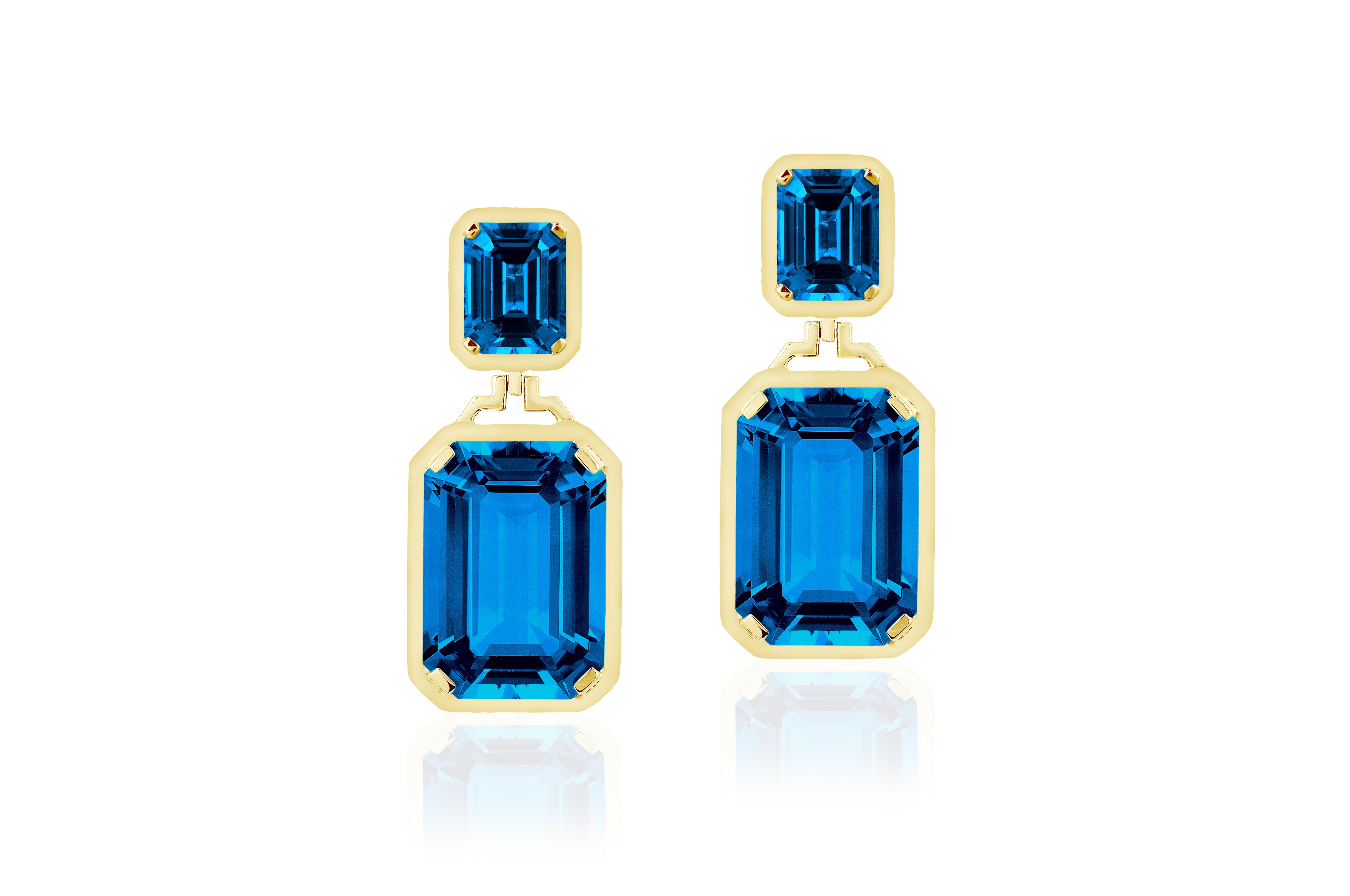 Goshwara Double Emerald Cut London Blue Topaz Long Earrings In New Condition For Sale In New York, NY