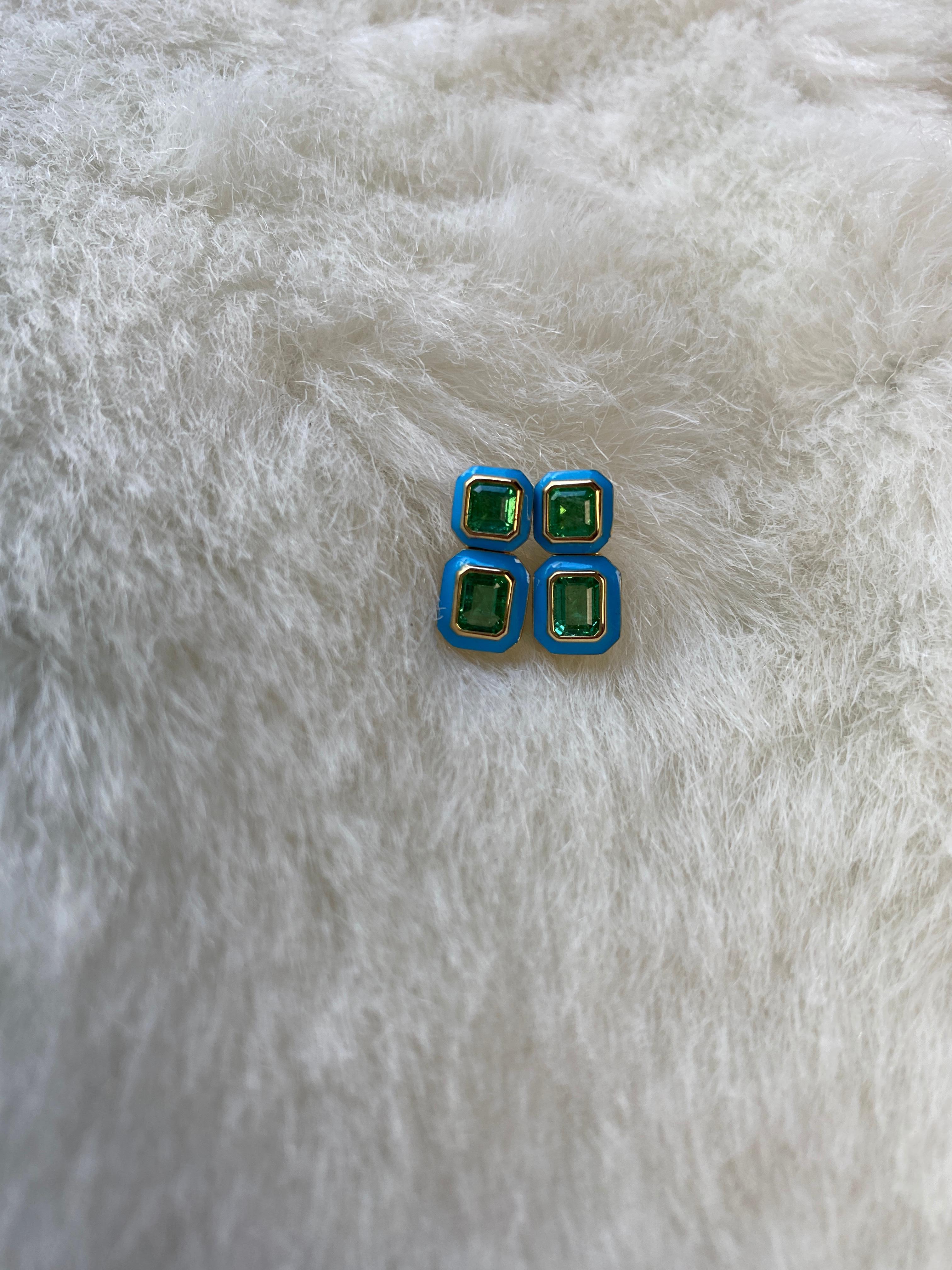 Contemporary Goshwara Double Emerald with Turquoise Enamel Earrings