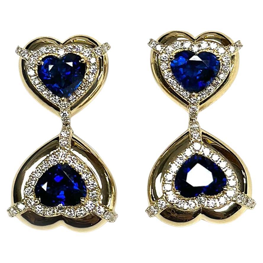 Goshwara Double Heart Shape Blue Sapphire with Diamonds Earrings For Sale