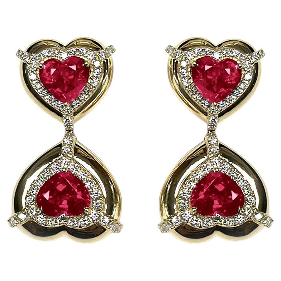 Goshwara Double Heart Shape Ruby with Diamonds Earrings For Sale