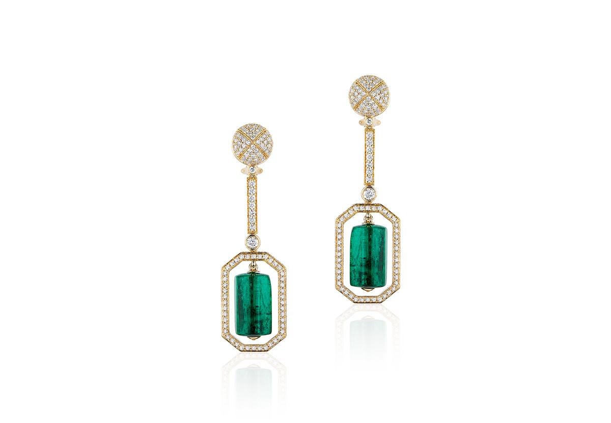 Emerald Cut  Goshwara Drum Shape Tumbled Emerald And Diamonds Earrings
