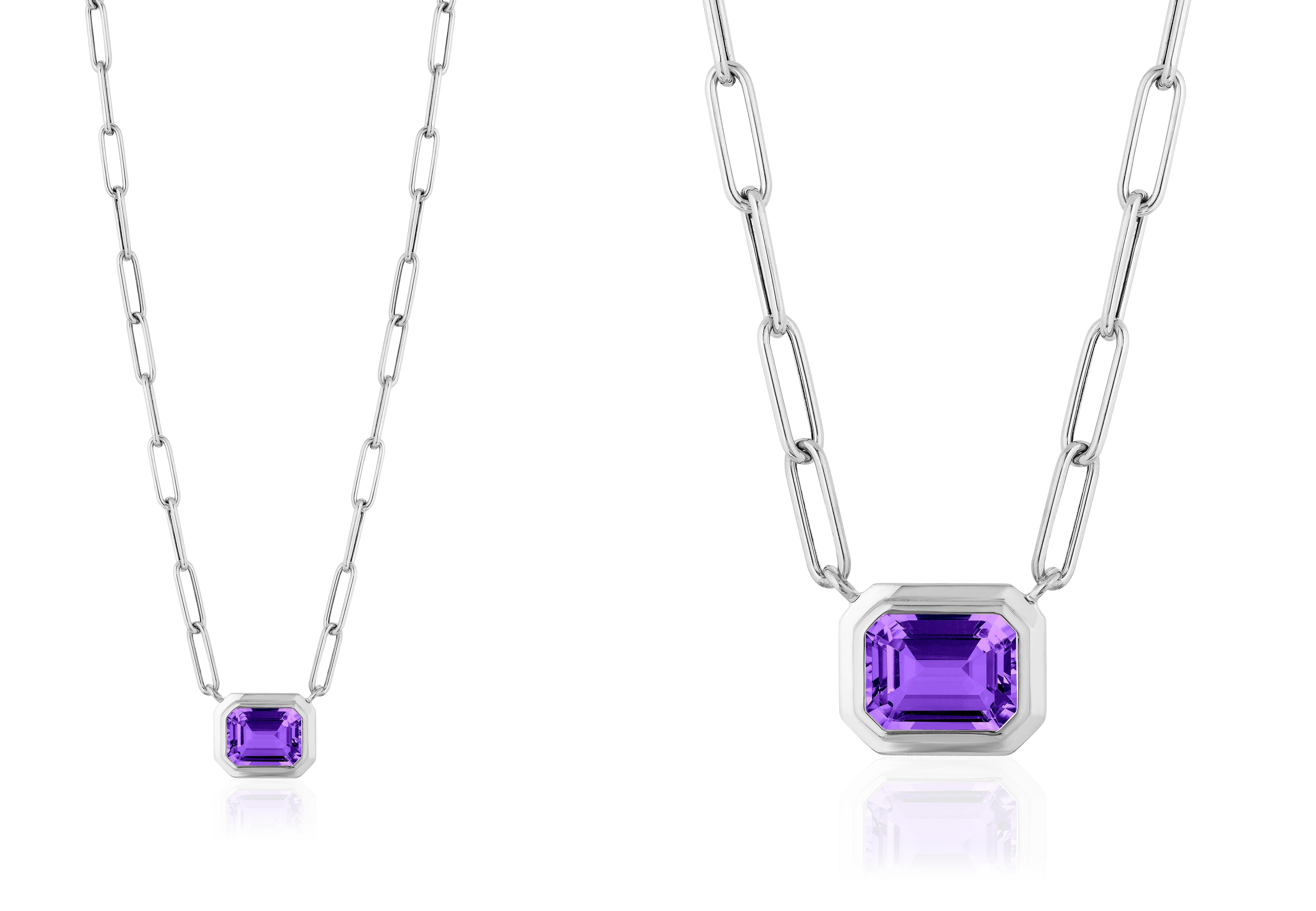 This beautiful East- West Amethyst Emerald Cut Bezel Set Pendant set in 18K White Gold is from our ‘Manhattan’ Collection. Minimalist lines yet bold structures are what our Manhattan Collection is all about. Our pieces represent the famous skyline