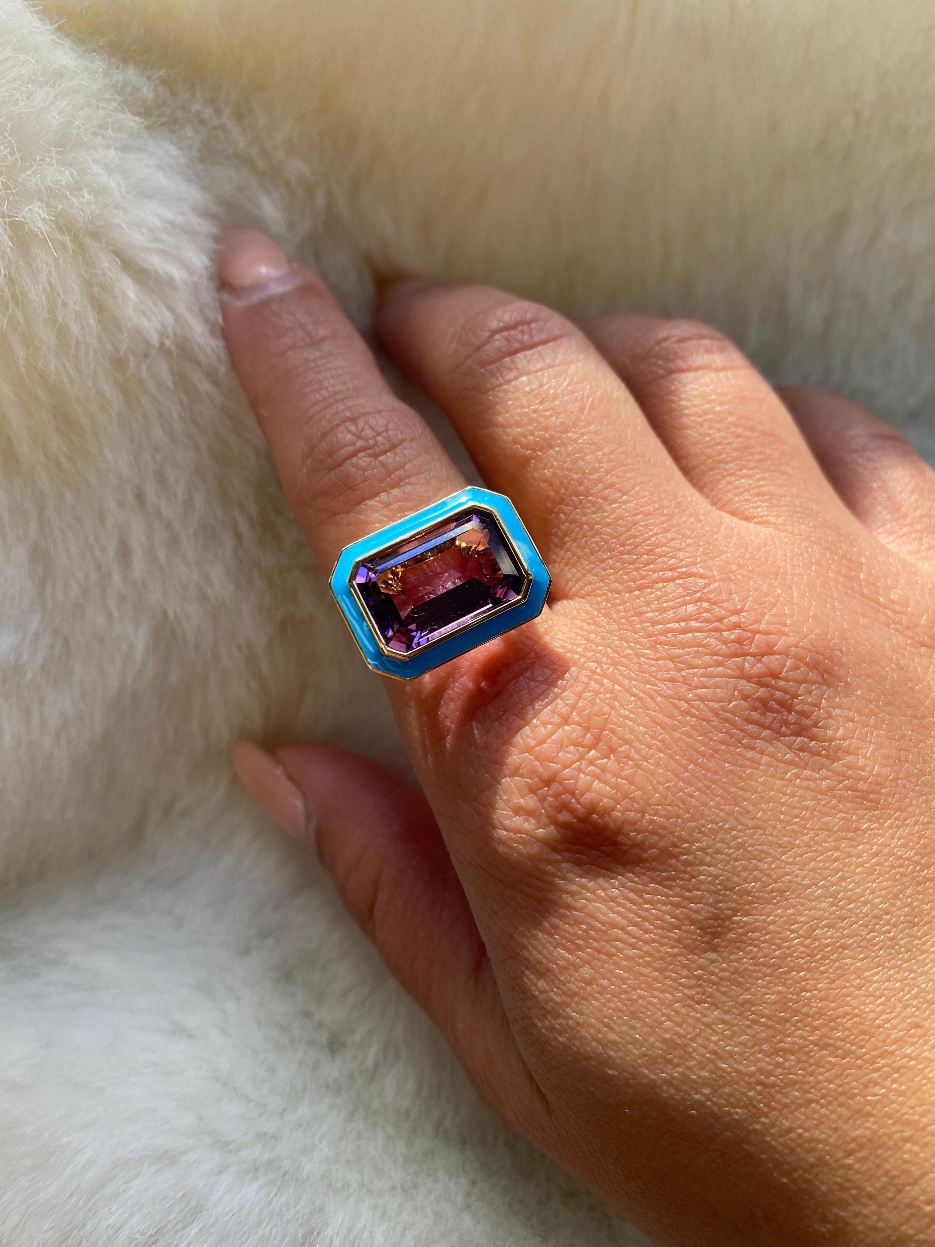 East-West Amethyst Ring with Turquoise Enamel in 18K Yellow Gold, from 'Queen' Collection. The combination of enamel and Amethyst represents power, richness and passion of a true Queen. The feeling of luxury is what we’re aiming for. This will be