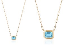 Goshwara East-West Blue Topaz Emerald Cut Bezel Set Pendant