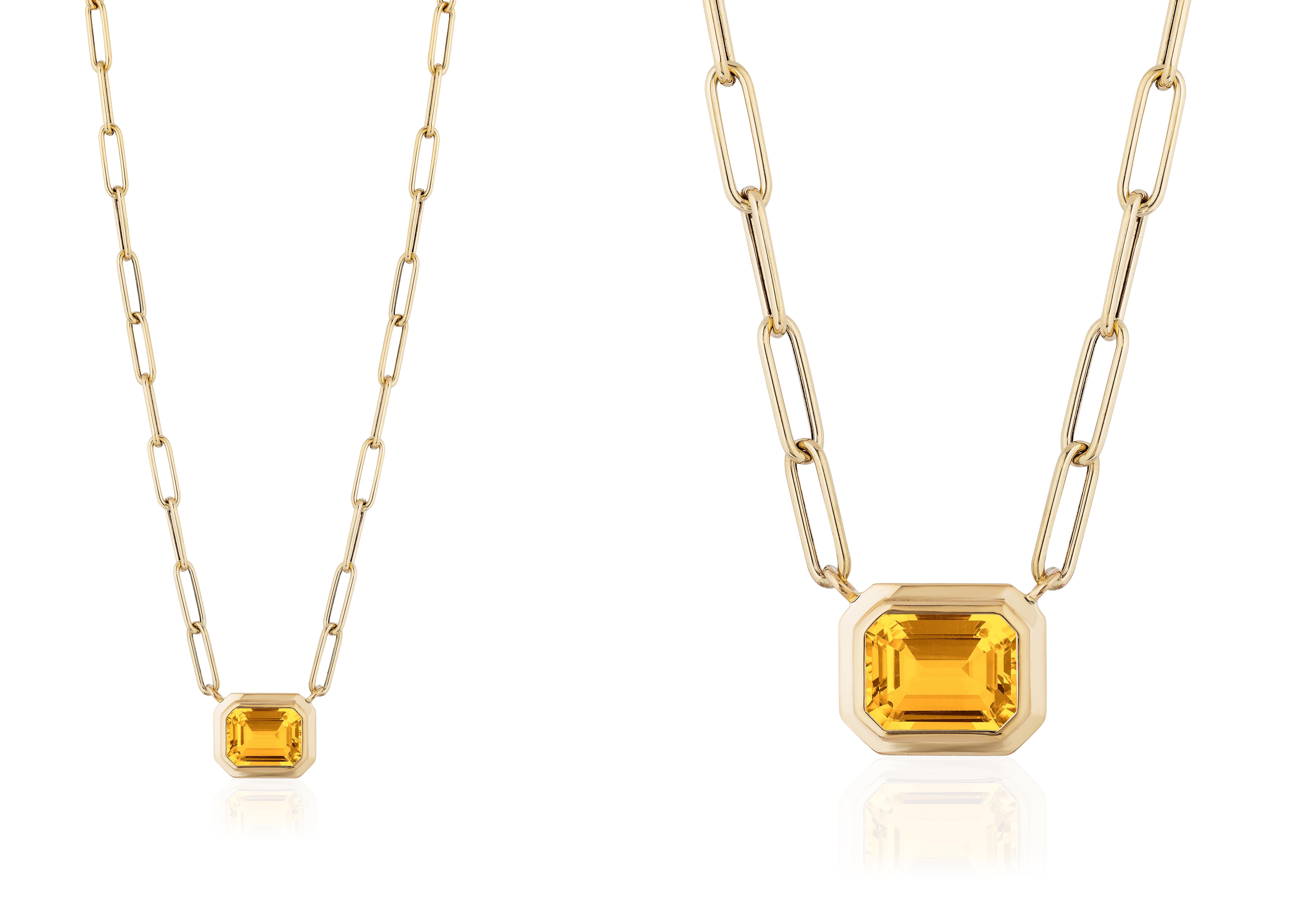 This beautiful East-West Citrine Emerald Cut Bezel Set Pendant in 18K Yellow Gold is from our ‘Manhattan’ Collection. Minimalist lines yet bold structures are what our Manhattan Collection is all about. Our pieces represent the famous skyline and