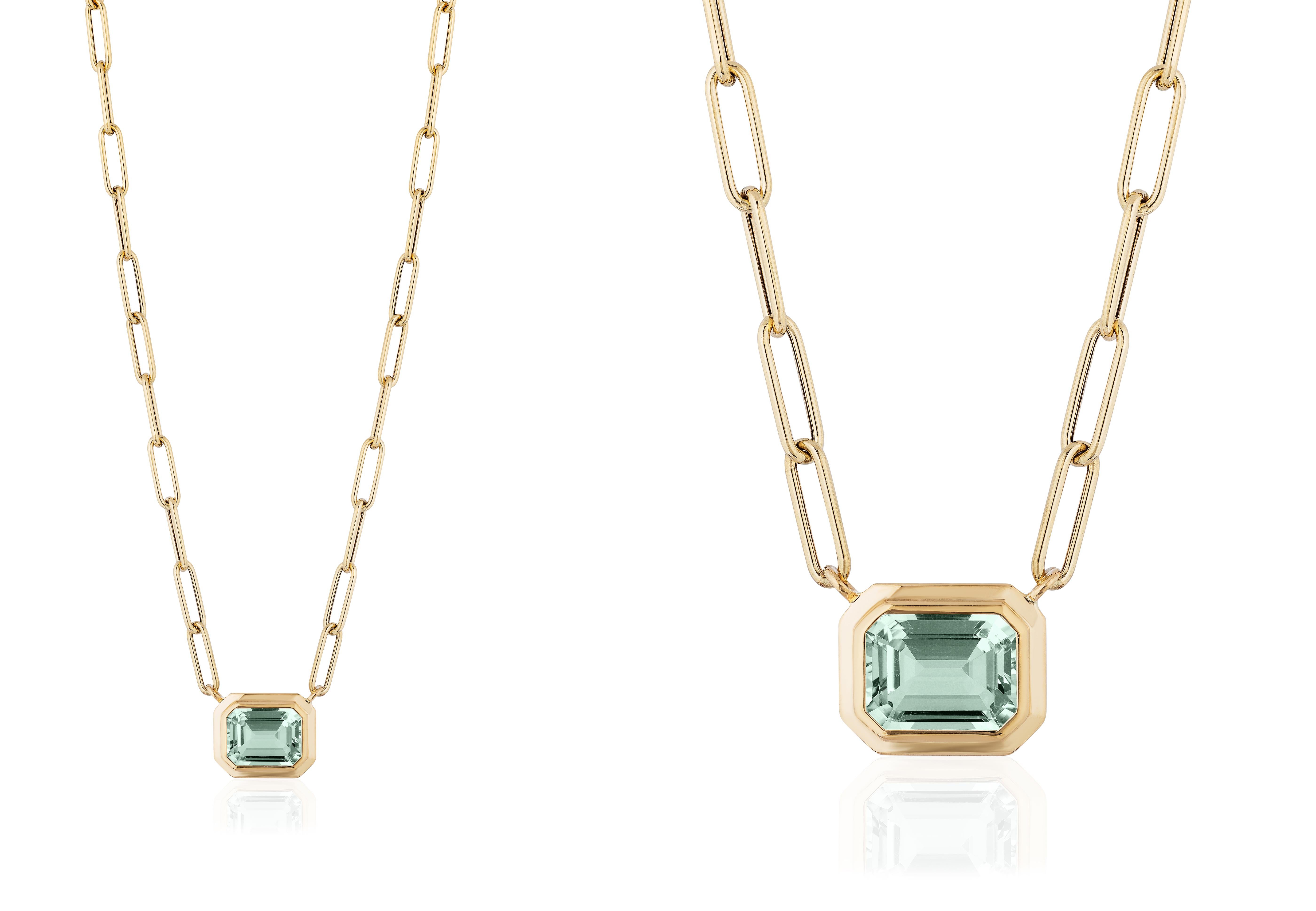 Contemporary Goshwara East-West Prasiolite Emerald Cut Bezel Set Pendant For Sale