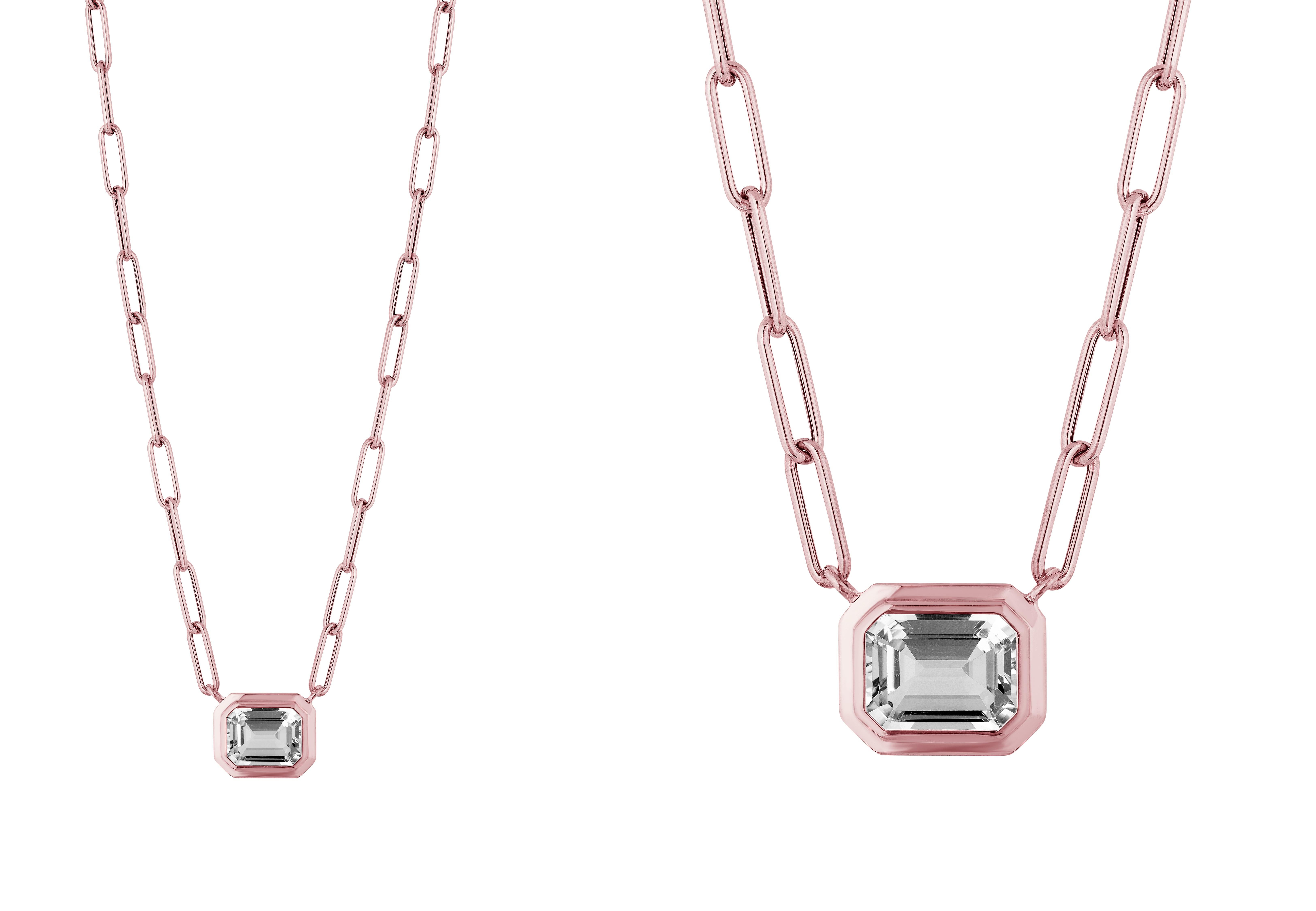 This beautiful East-West Rock Crystal Emerald Cut Bezel Set Pendant in 18K Rose Gold is from our ‘Manhattan’ Collection. Minimalist lines yet bold structures are what our Manhattan Collection is all about. Our pieces represent the famous skyline and