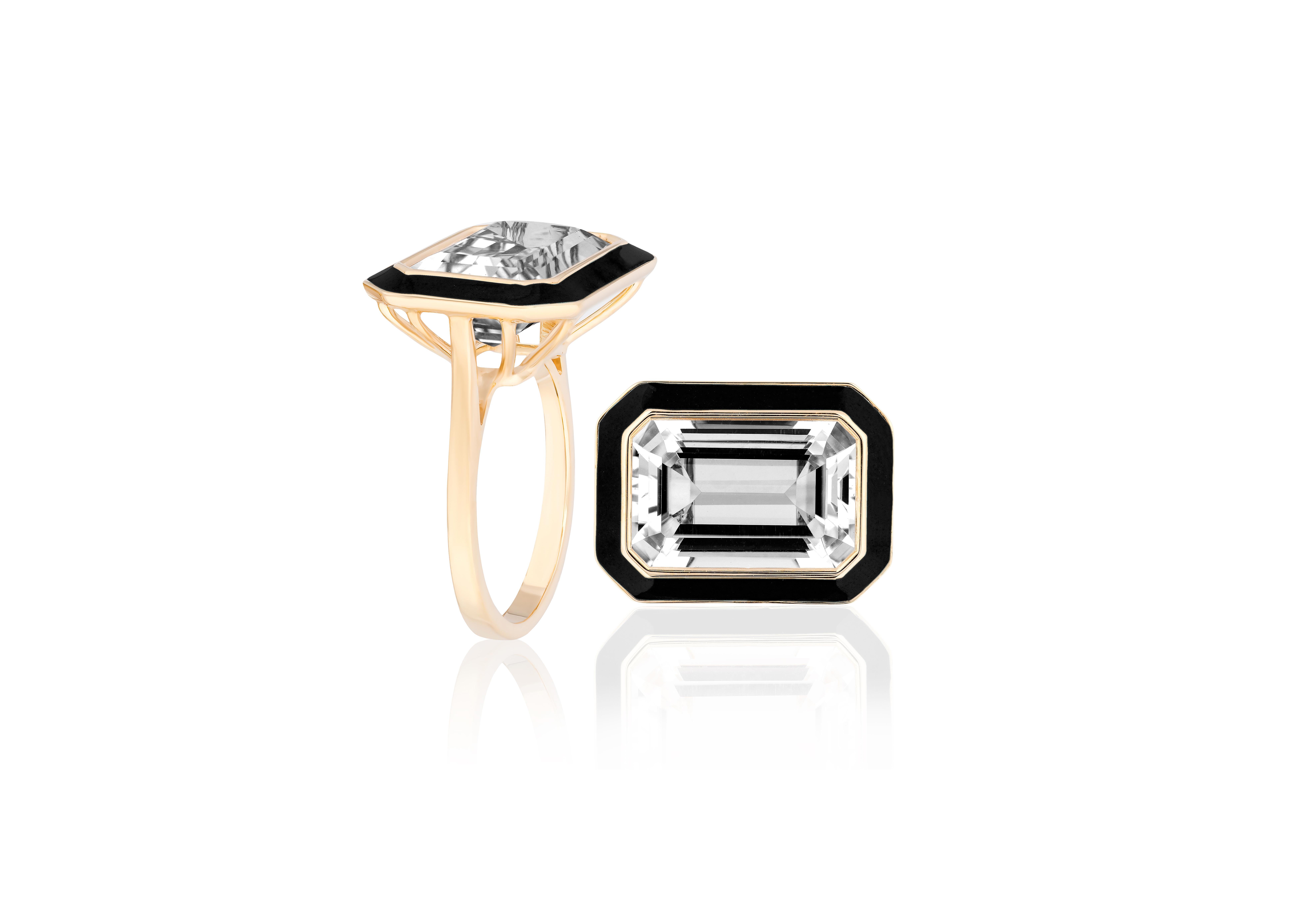 Contemporary Goshwara East-West Rock Crystal Ring with Black Enamel For Sale