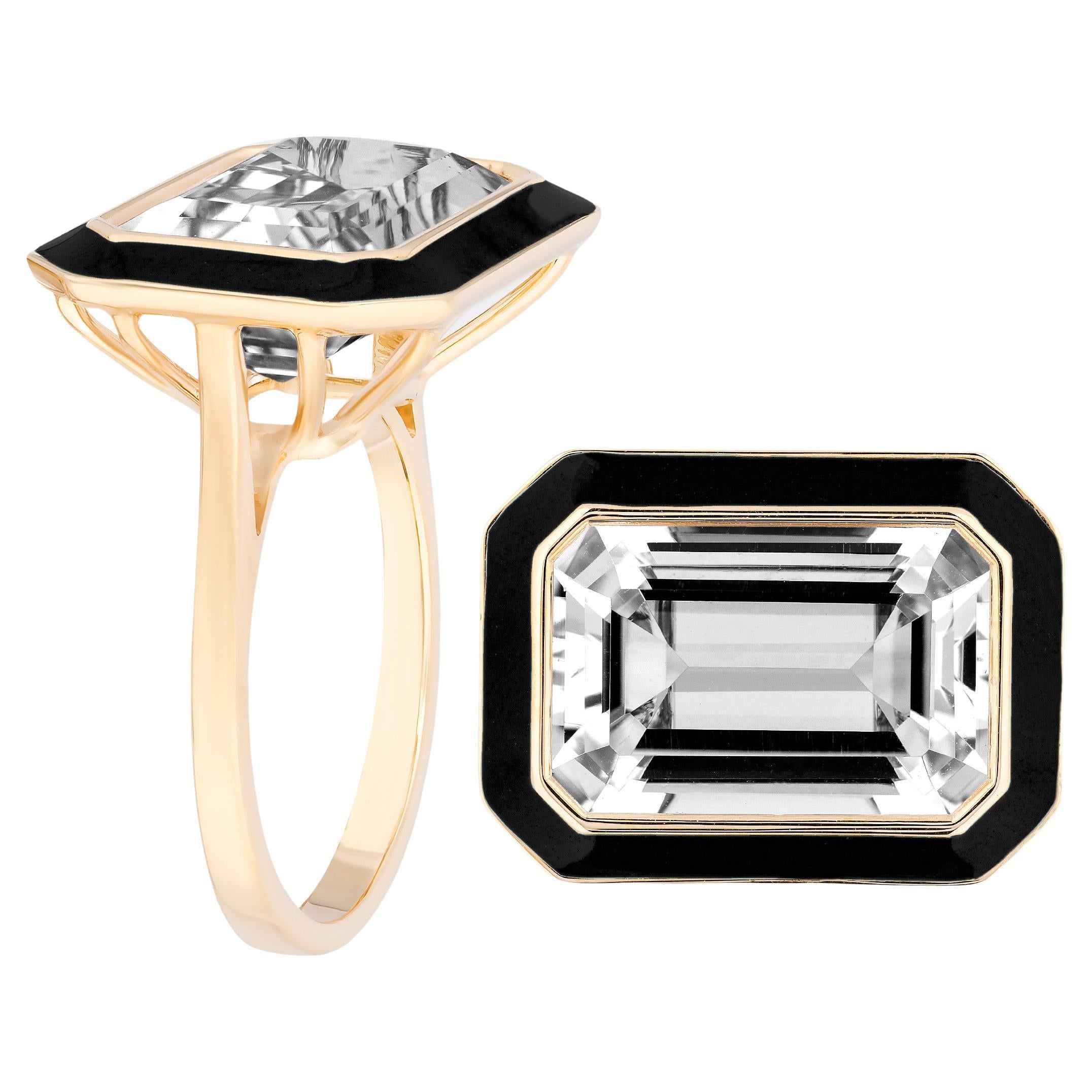 Goshwara East-West Rock Crystal Ring with Black Enamel For Sale