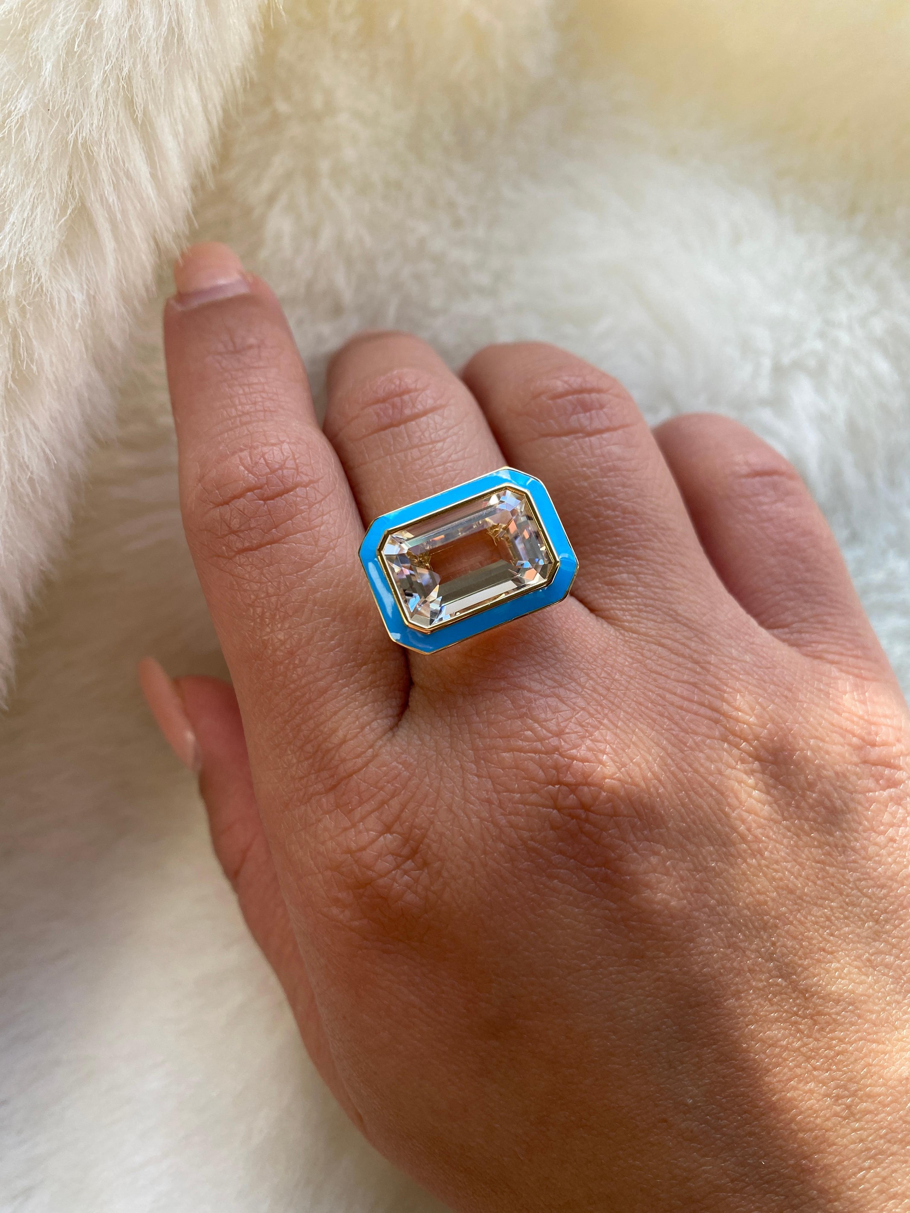 East-West Rock Crystal Ring with Turquoise Enamel in 18K Yellow Gold, from 'Queen' Collection. The combination of enamel and Rock Crystal represents power, richness and passion of a true Queen. The feeling of luxury is what we’re aiming for. This