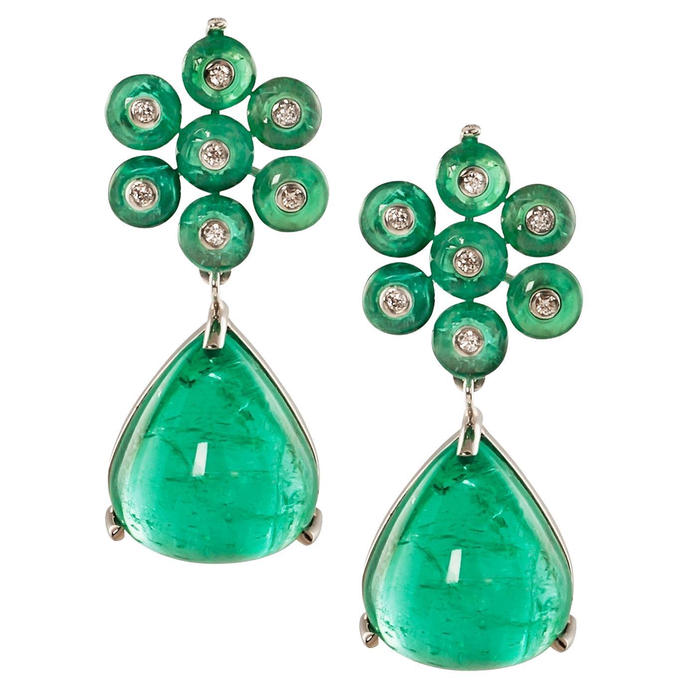 Goshwara Emerald Cab with Small Emerald Beads Flower Earrings  For Sale