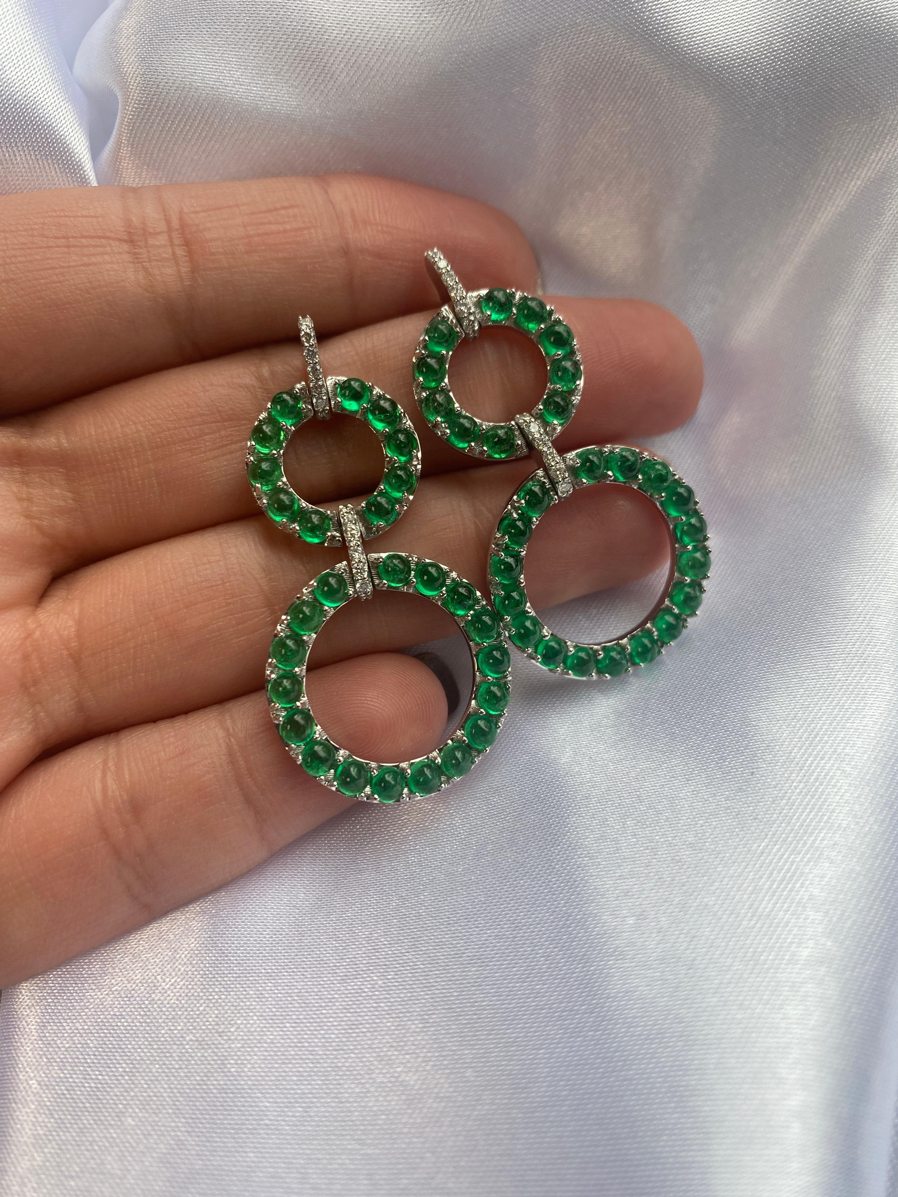 Pear Cut Goshwara Emerald Cabochon 2 Row Earrings With Diamonds For Sale