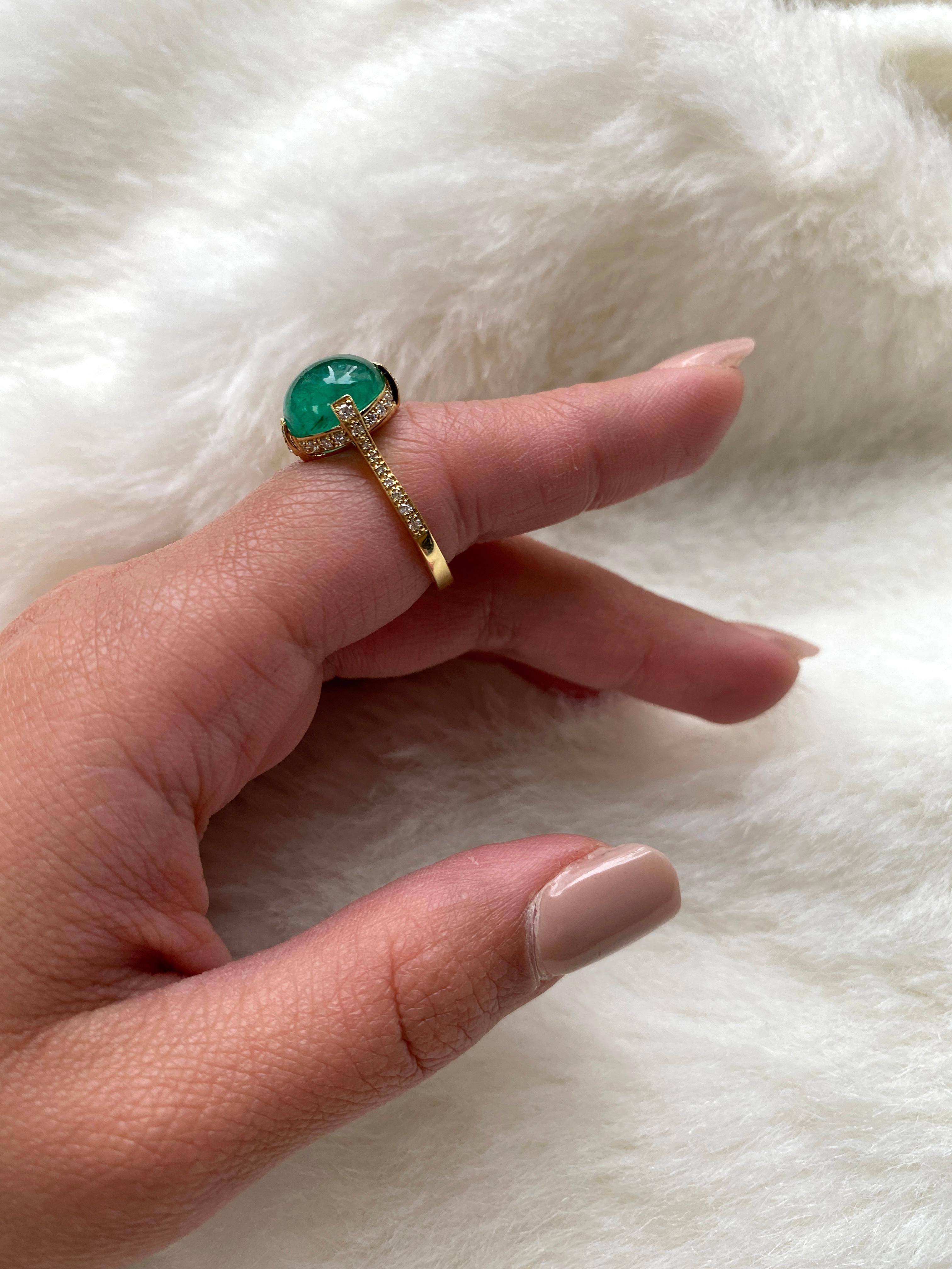 Contemporary Goshwara Emerald Cabochon with Diamonds Ring For Sale