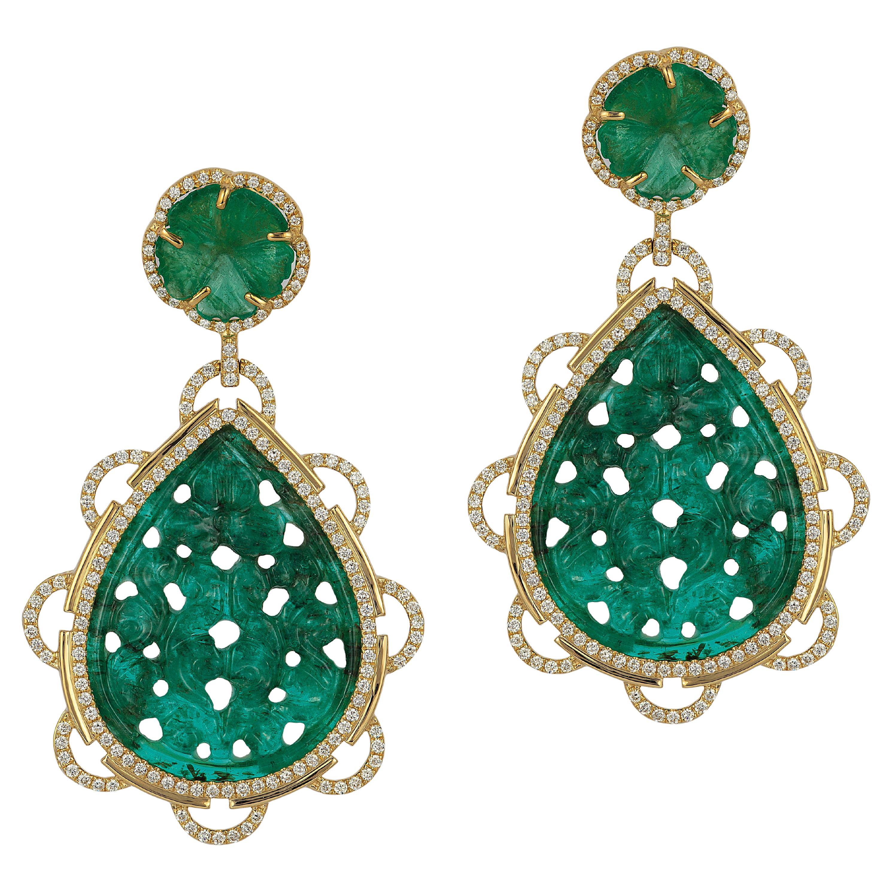 Goshwara Emerald Carved with Carved Flower and Diamond Earrings For Sale
