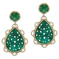 Goshwara Emerald Carved with Carved Flower and Diamond Earrings