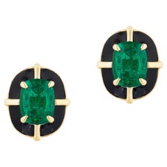 Goshwara Emerald Cushion and Diamond with Black Enamel Stud Earrings