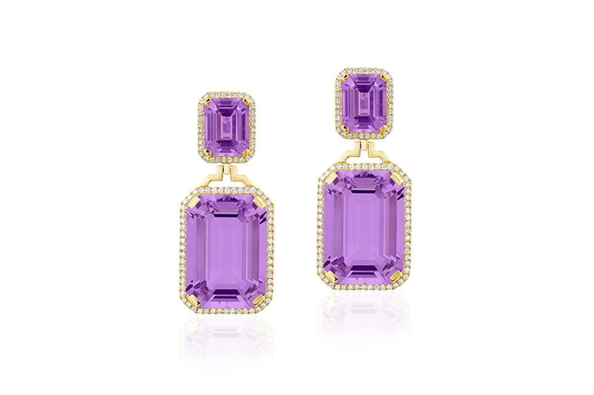These Amethyst Emerald-Cut with Diamonds Push Back Earrings from the 'Gossip' Collection are an exquisite pair of earrings made from 18K yellow gold, featuring two stunning emerald-cut amethyst gemstones surrounded by diamonds. The intricate design