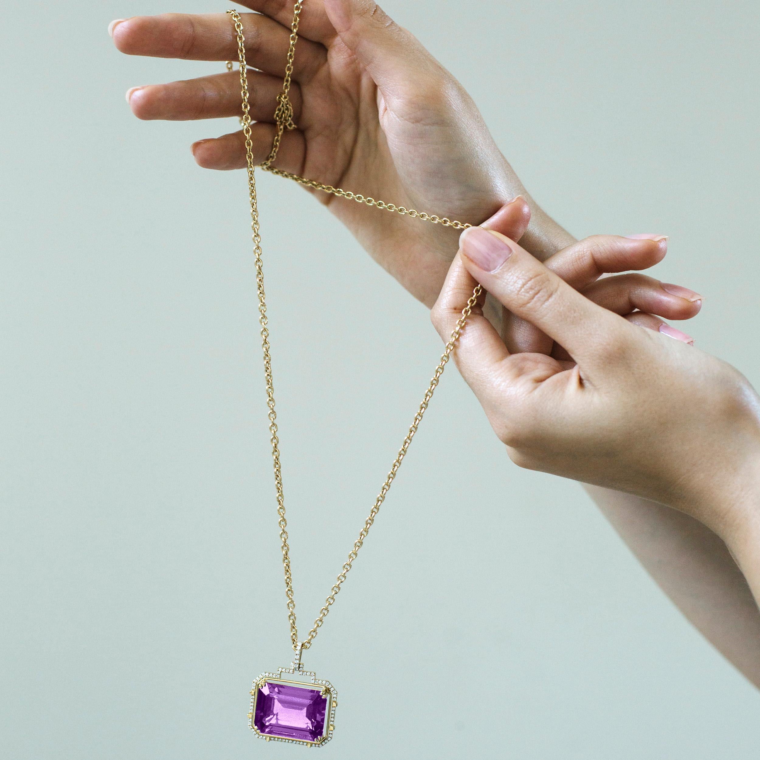 Amethyst Large Emerald Cut Pendant in 18K Yellow Gold with Diamonds from 'Gossip' Collection

Stone Size: 24 x 18 mm 

Gemstone Approx Wt: 37.49 Carats

Diamonds: G-H / VS, Approx Wt: 0.53 Carats

*Chain included.