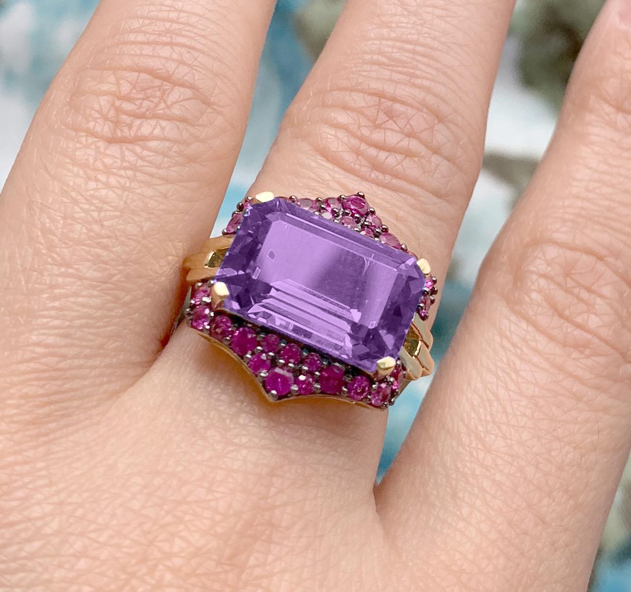 Amethyst and Pink Sapphire Ring in 18K Yellow Gold, from 'Rain-Forest' Collection. This collection is thriving with luxuriant center stones and colored pave that represent the rain and the forest together. Blue for water, green for the forest,