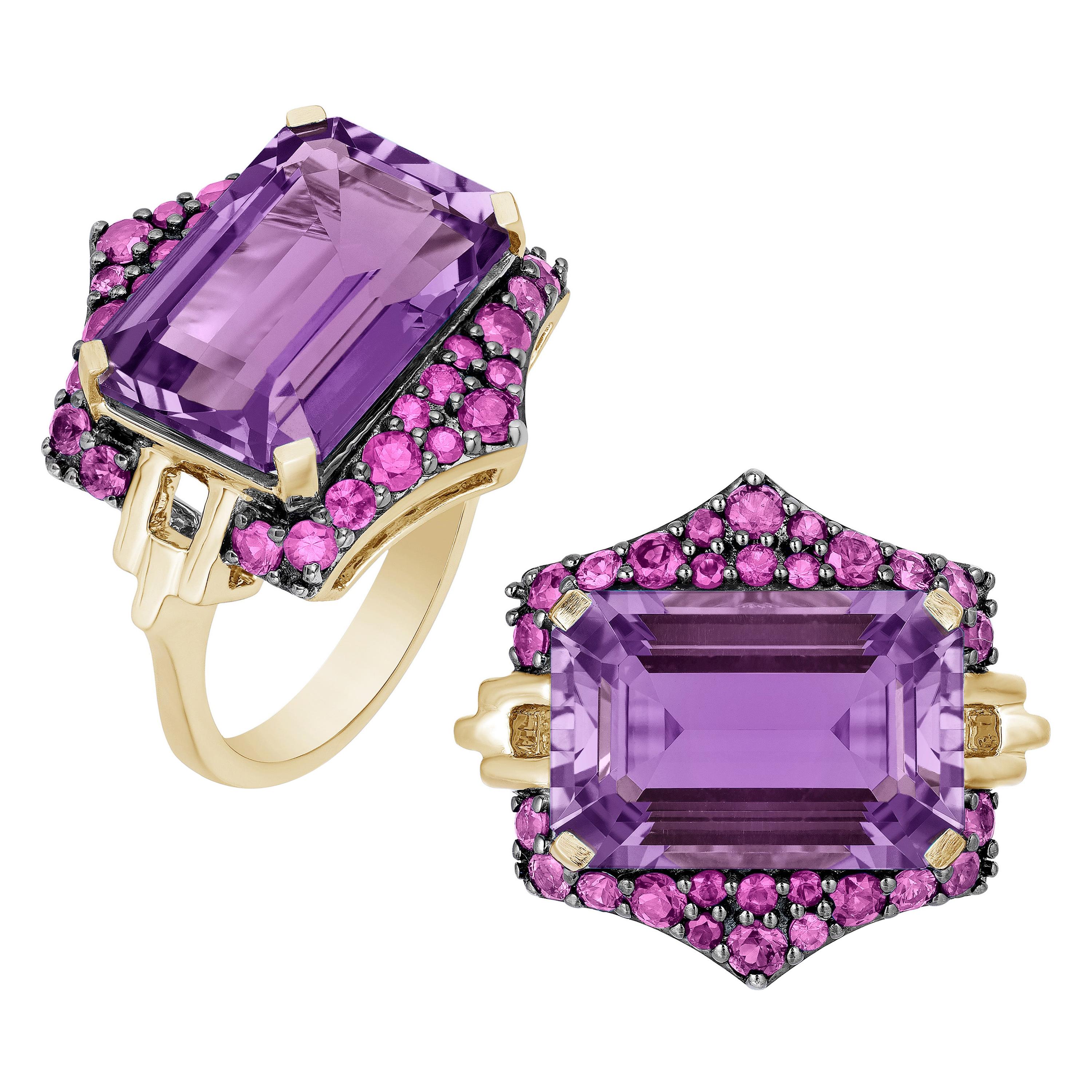 Goshwara Emerald Cut Amethyst and Pink Sapphire Ring