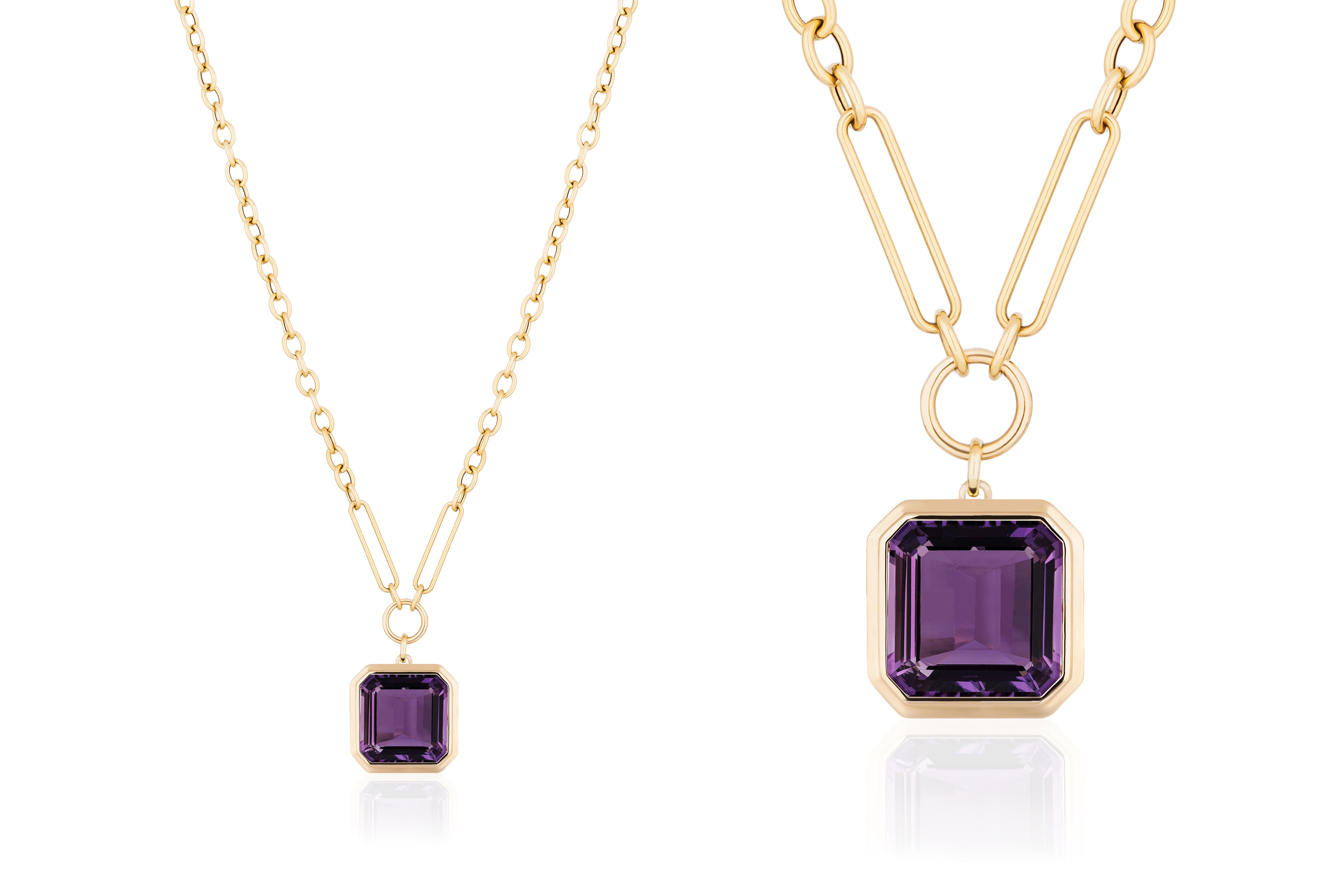 Emerald Cut Amethyst Pendant in 18K Yellow Gold, from 'Manhattan' Collection.  
Minimalist lines yet bold structures is what our Manhattan Collection is all about. Our pieces represent the famous skyline and cityscapes of New York City which people