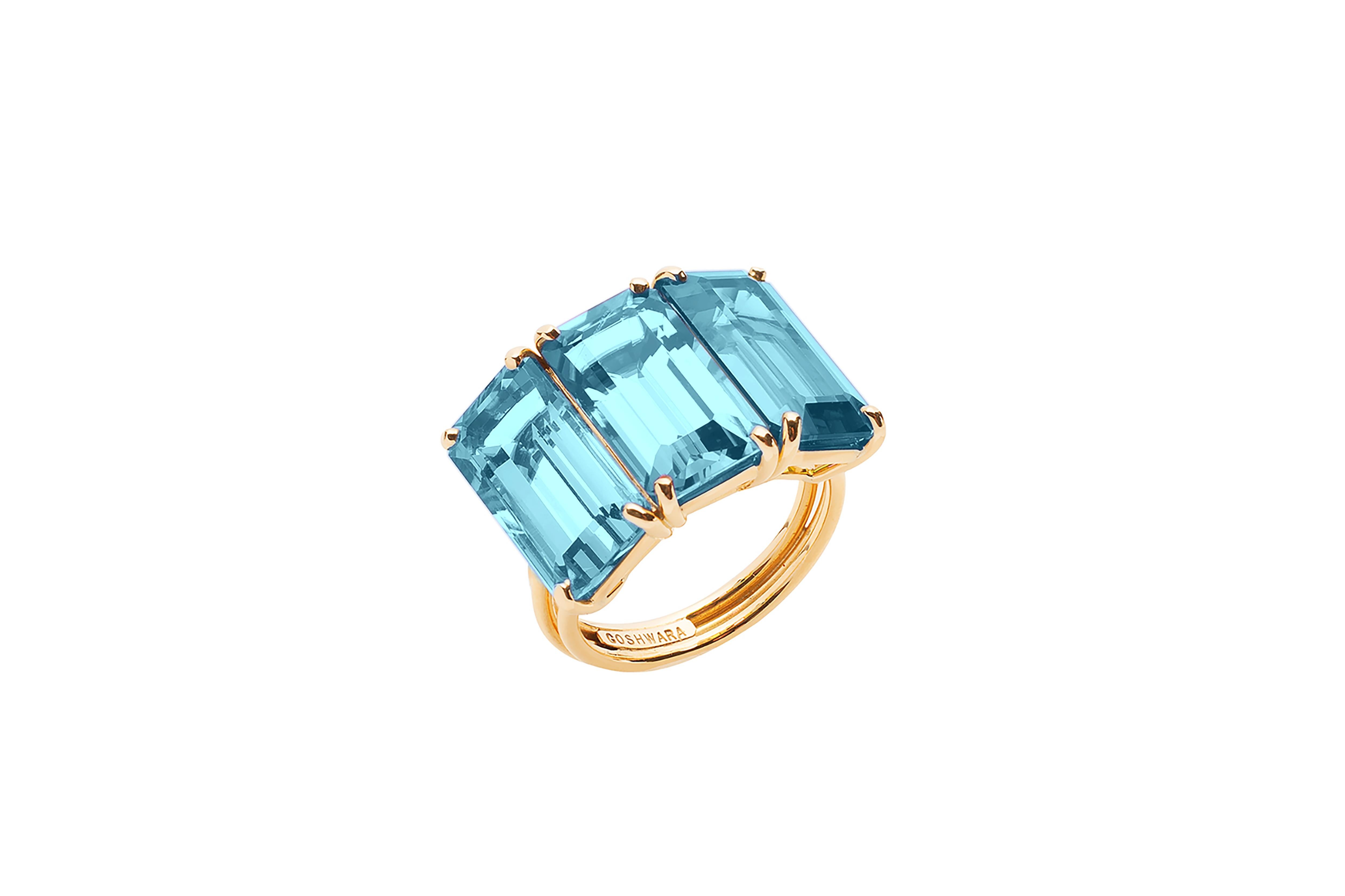 Blue Topaz 3 Stone Emerald Cut Ring in 18K Yellow Gold from 'Gossip' Collection
 Stone Size: 13 x 7 mm
