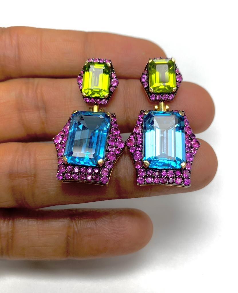 Emerald Cut Blue Topaz and Peridot with Pink Sapphire Earrings In New Condition For Sale In New York, NY