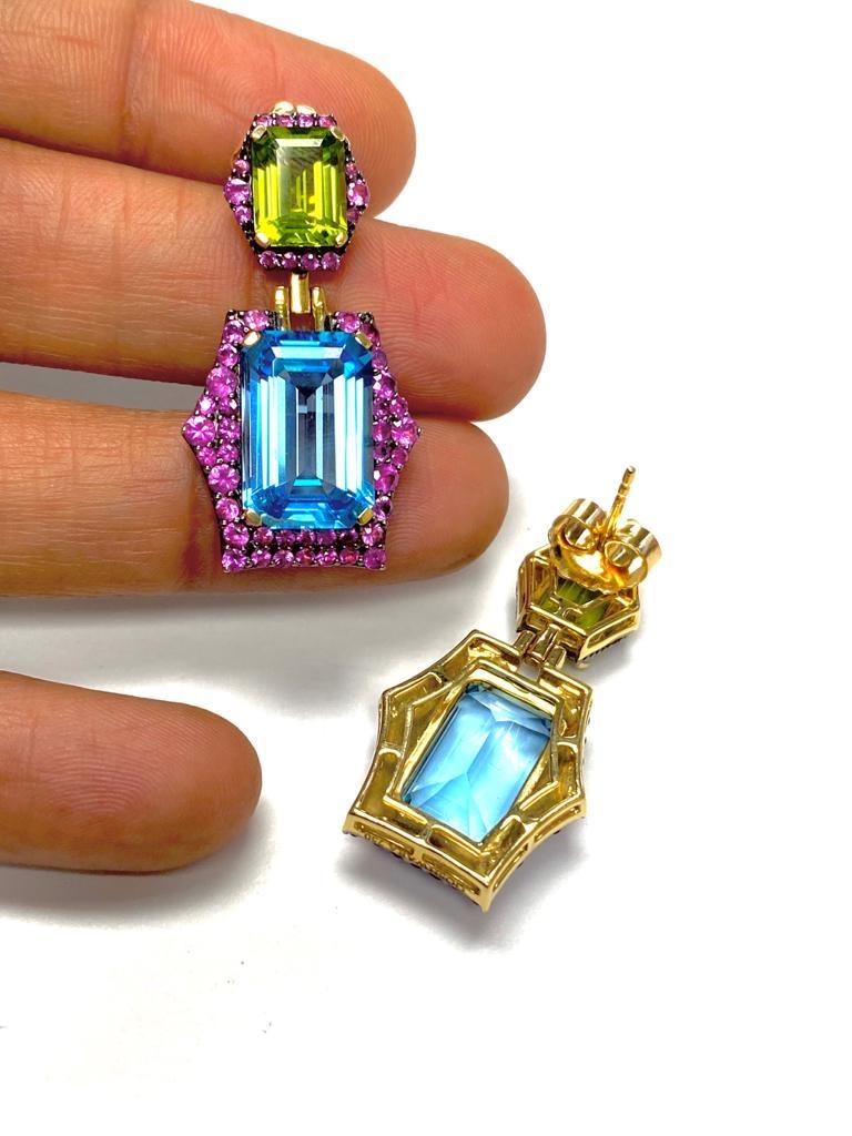 Women's Emerald Cut Blue Topaz and Peridot with Pink Sapphire Earrings For Sale