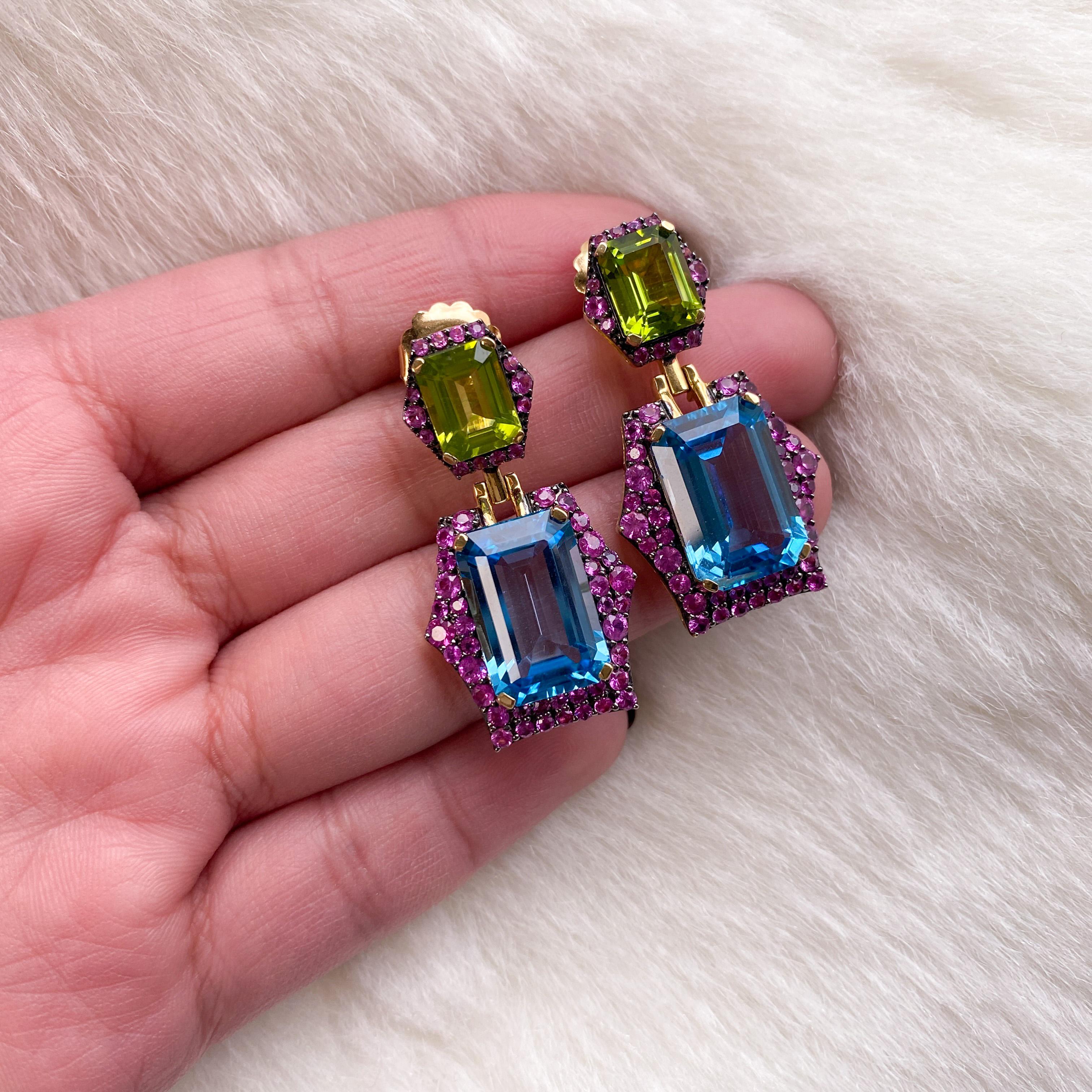 Emerald Cut Blue Topaz and Peridot with Pink Sapphire Earrings For Sale 1