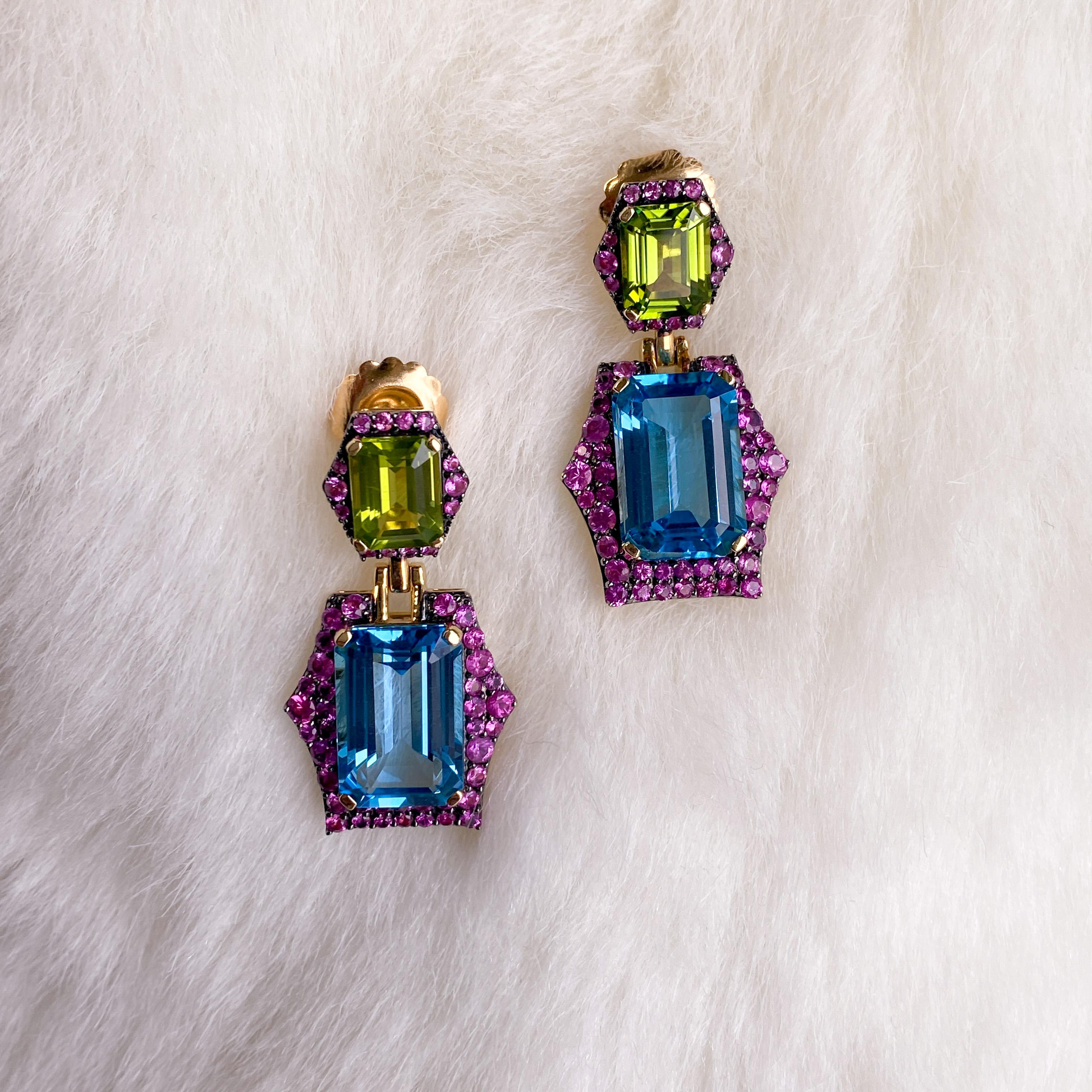 Emerald Cut Blue Topaz and Peridot with Pink Sapphire Earrings For Sale 2