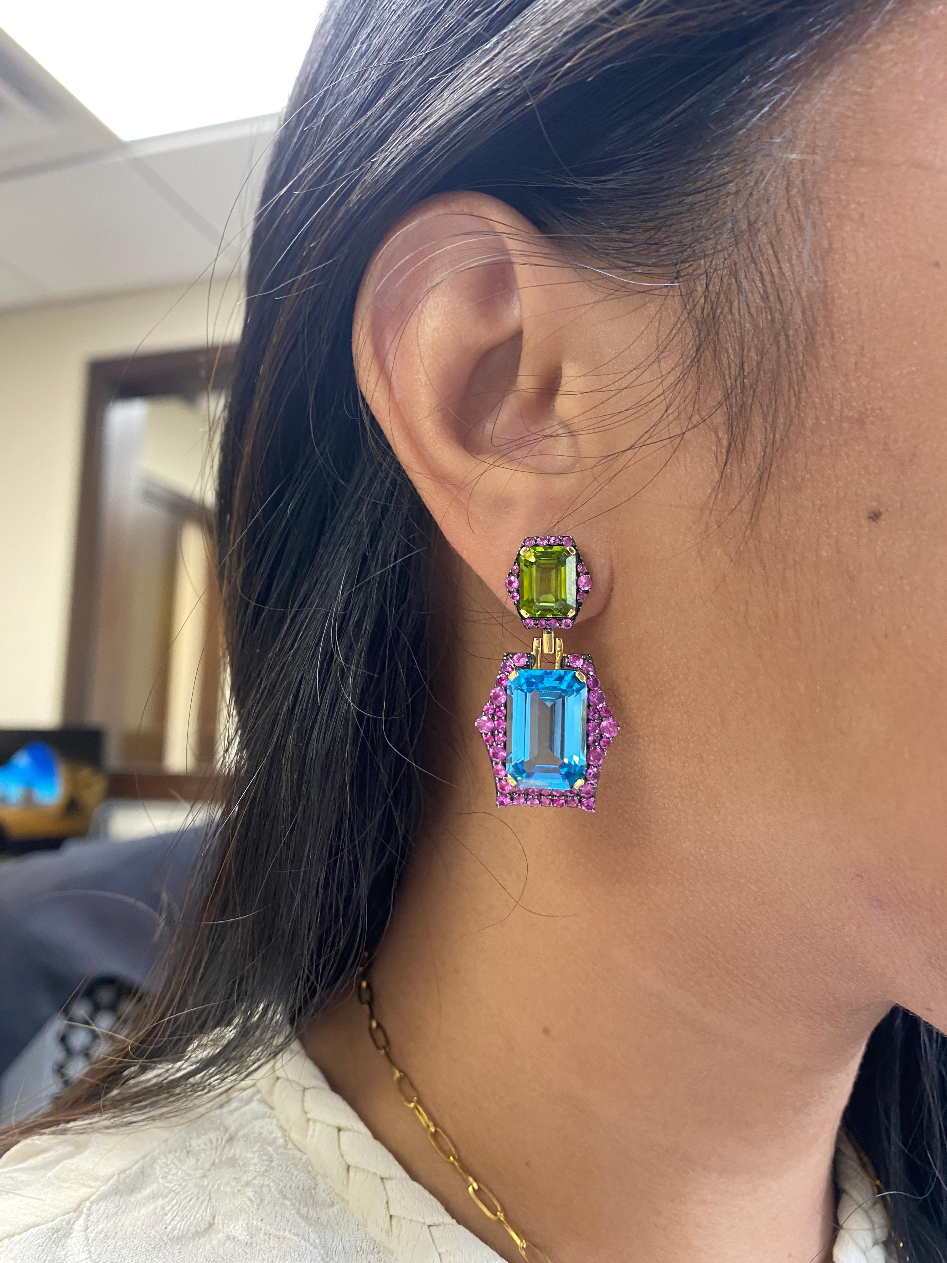 Emerald Cut Blue Topaz and Peridot with Pink Sapphire Earrings For Sale 3
