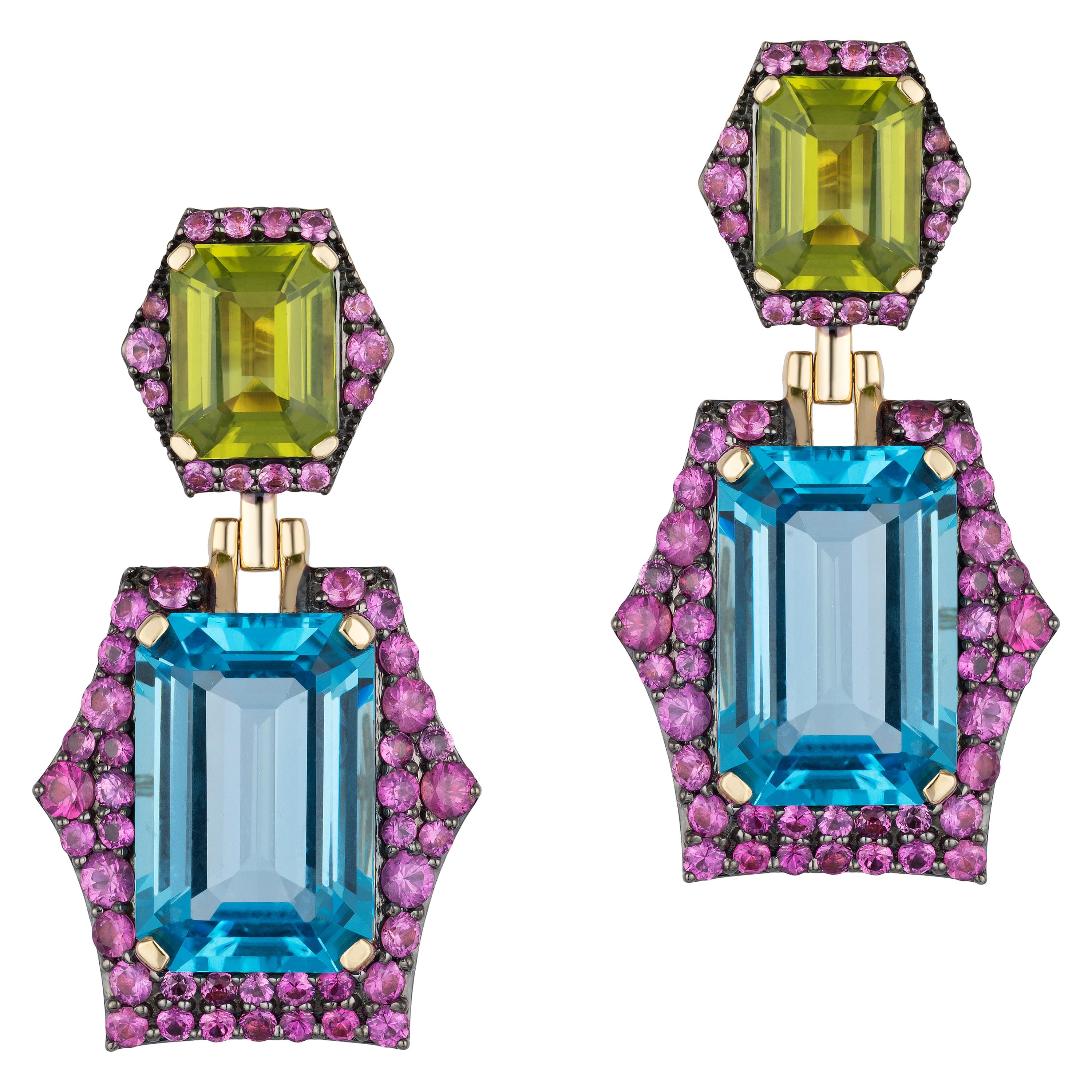 Emerald Cut Blue Topaz and Peridot with Pink Sapphire Earrings For Sale