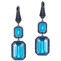 Goshwara Emerald Cut Blue Topaz and Sapphire Earrings