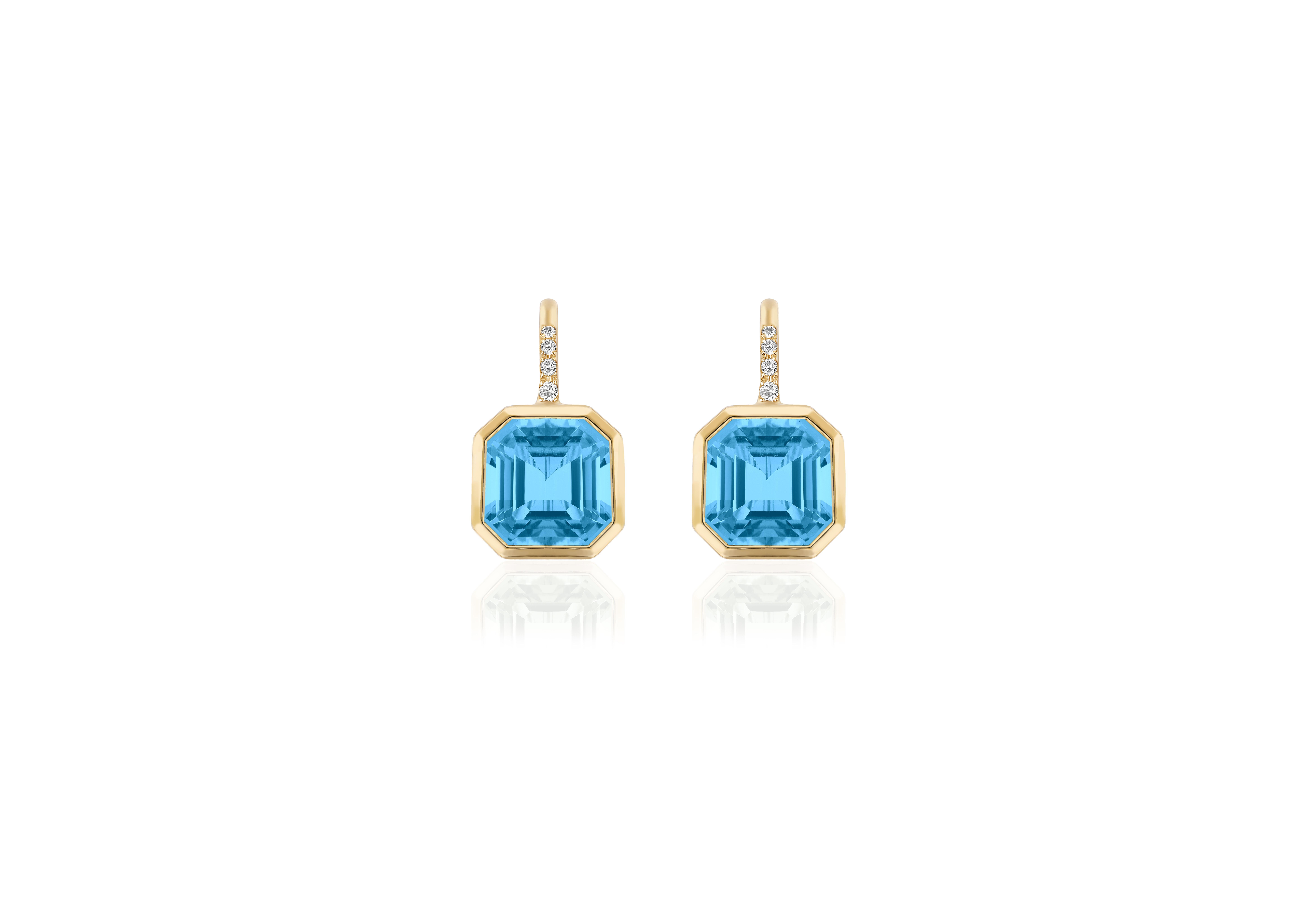 These beautiful earrings in a 9 x 9 mm Asscher cut, which is a  blend of the princess and emerald cuts with X-shaped facets from its corners to its center culet, are made in Blue Topaz which is from the Topaz family. They are set on wire with 4