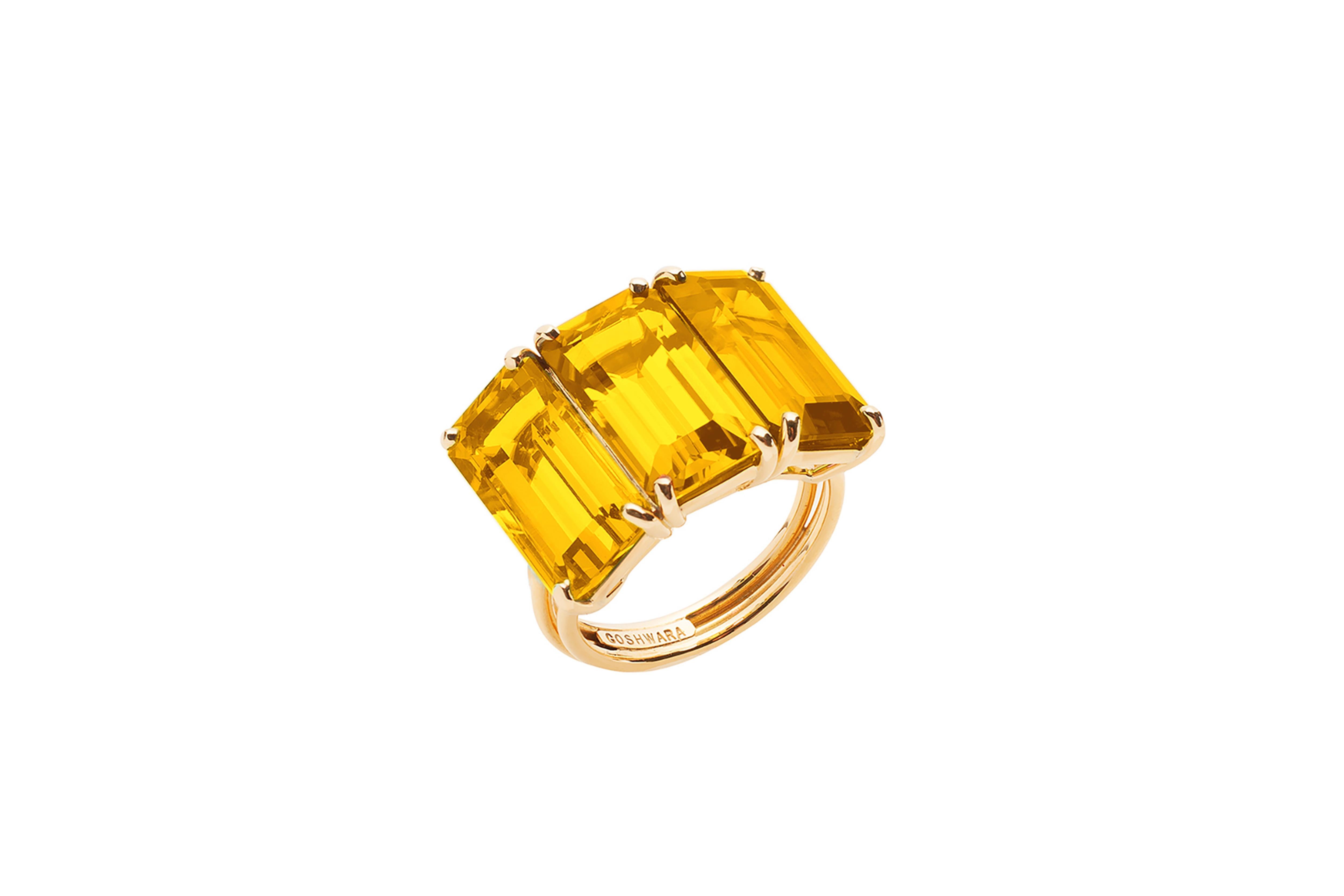 Bague en or jaune 18 carats avec citrine, 3 pierres, taille émeraude, de la collection 
