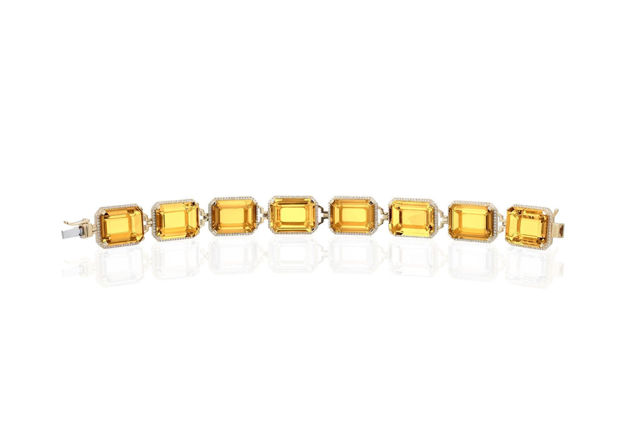 This Citrine Emerald Cut Bracelet with Diamonds in 18K Yellow Gold is a stunning piece from the ‘Gossip’ Collection. The bracelet features beautifully cut citrine gemstones, set in 18K yellow gold and accented with sparkling diamonds. The emerald