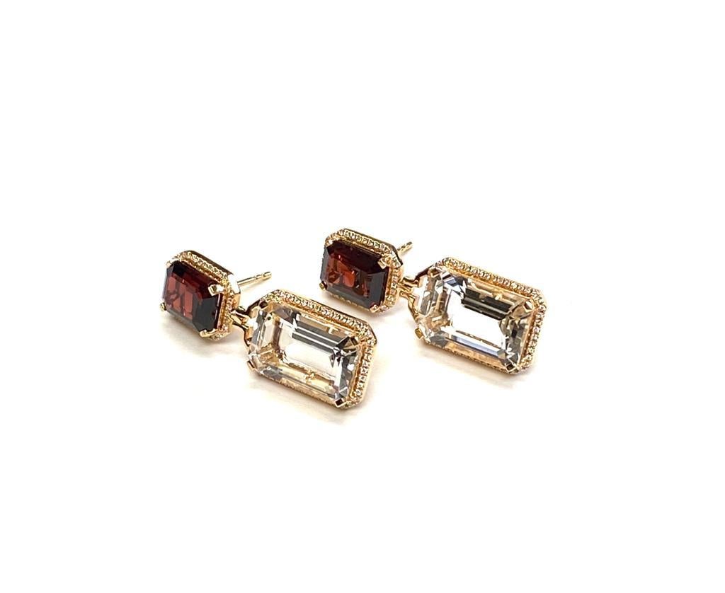 Contemporary Emerald Cut Garnet And Rock Crystal With Diamond Earrings For Sale