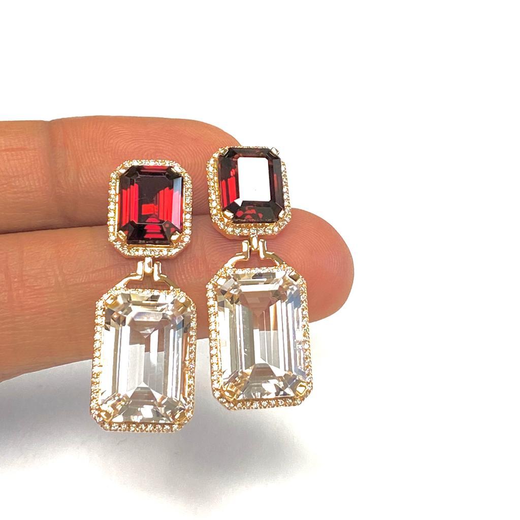 Emerald Cut Garnet And Rock Crystal With Diamond Earrings In New Condition For Sale In New York, NY