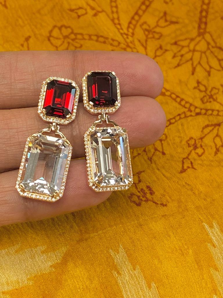 Women's Emerald Cut Garnet And Rock Crystal With Diamond Earrings