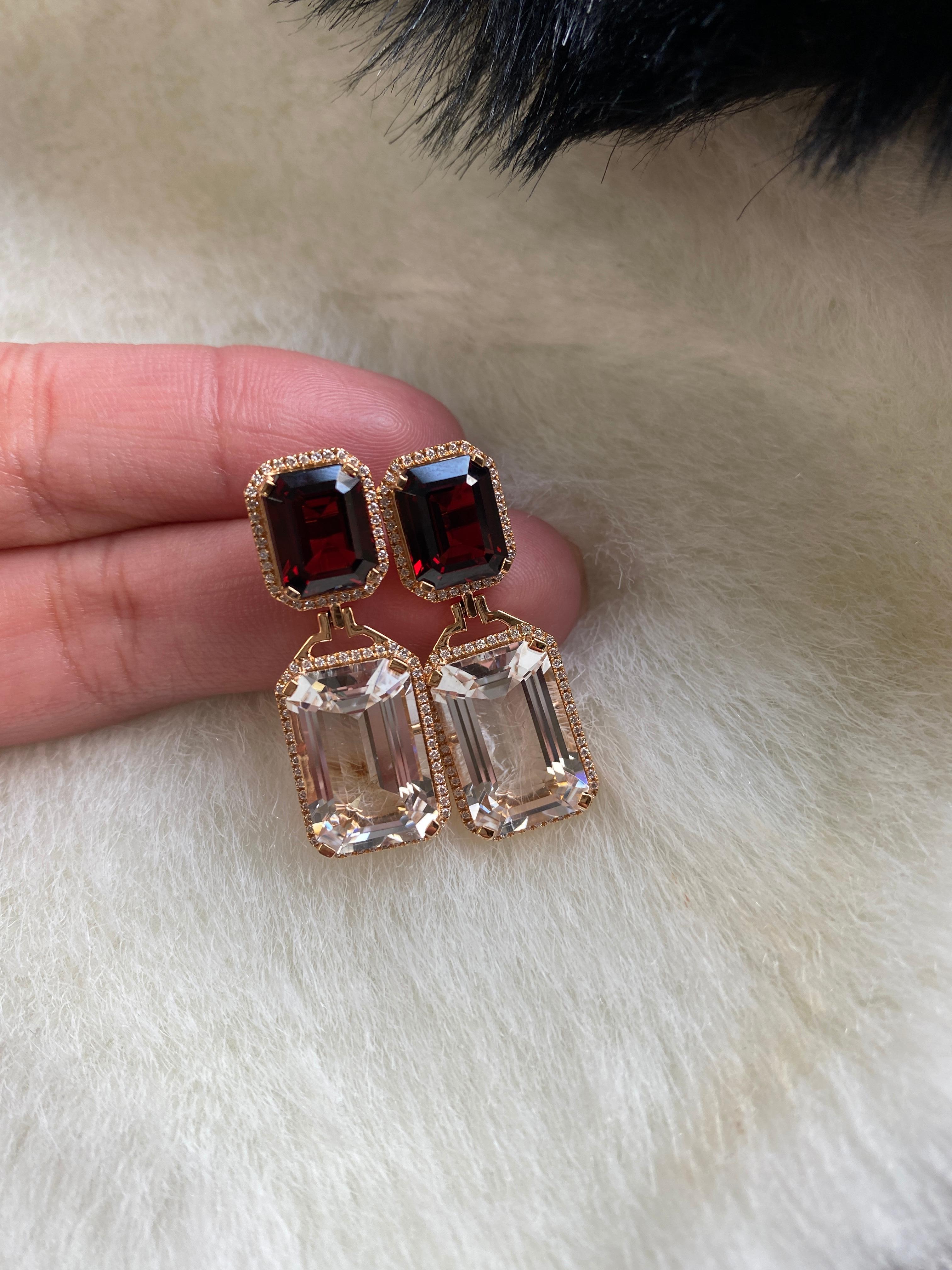 Emerald Cut Garnet And Rock Crystal With Diamond Earrings For Sale 1