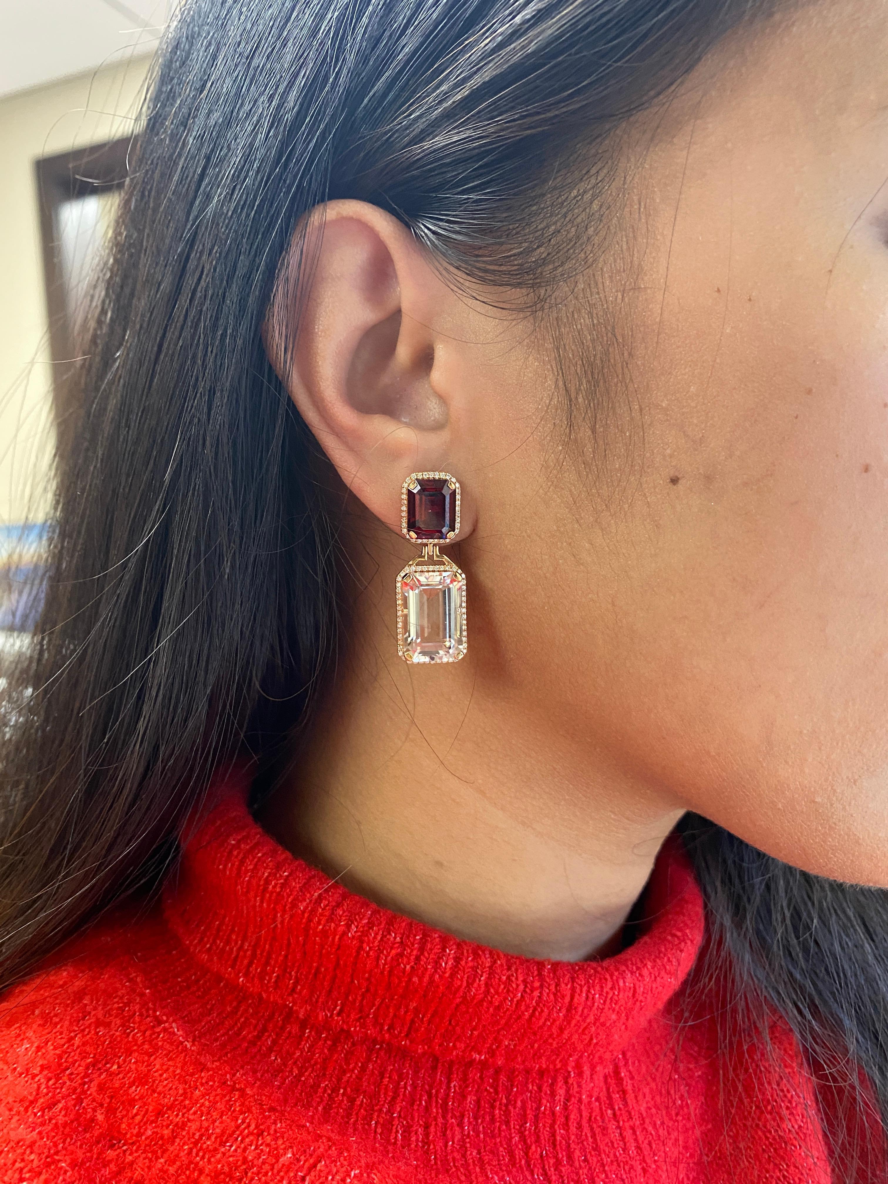 Emerald Cut Garnet And Rock Crystal With Diamond Earrings For Sale 2