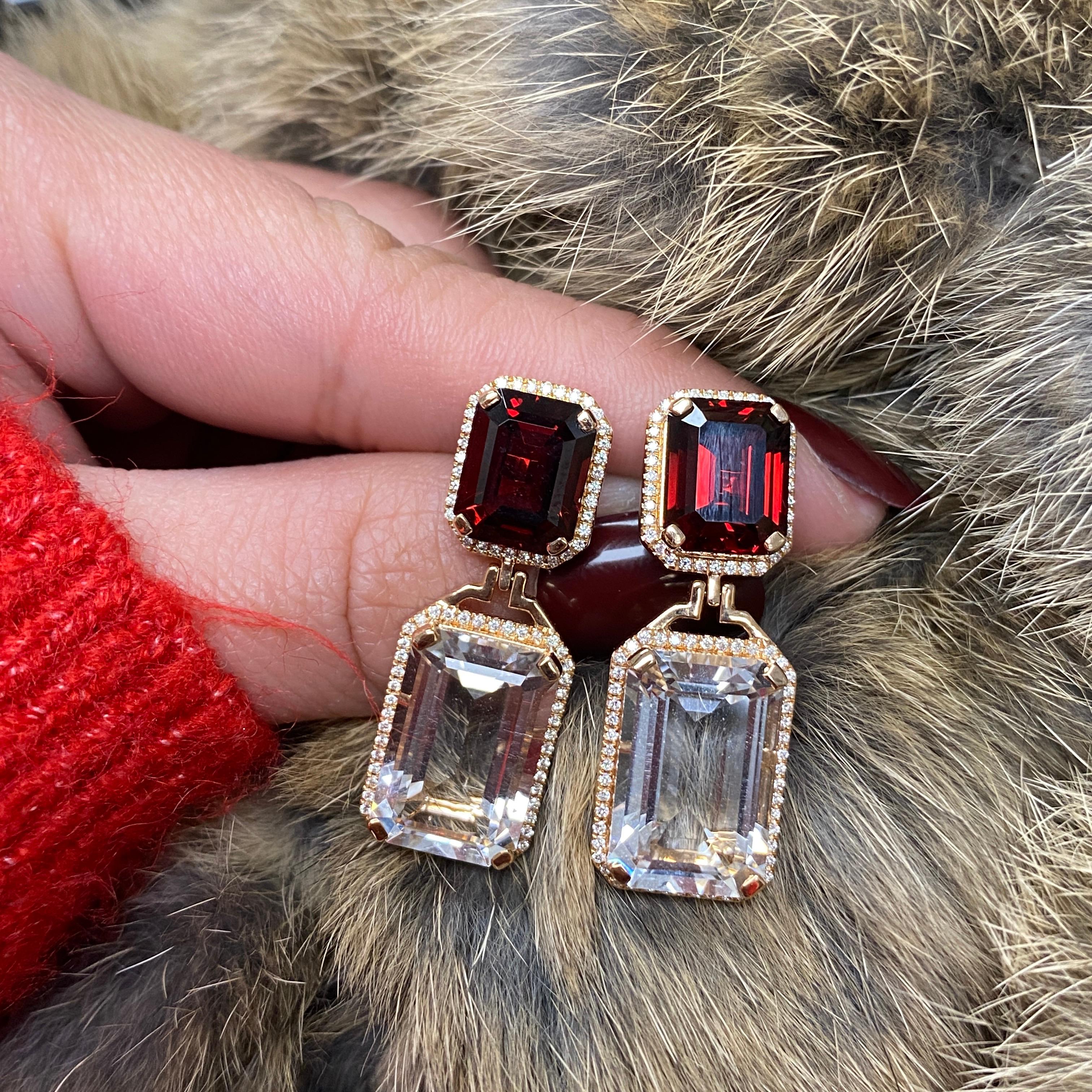 Emerald Cut Garnet And Rock Crystal With Diamond Earrings For Sale 3