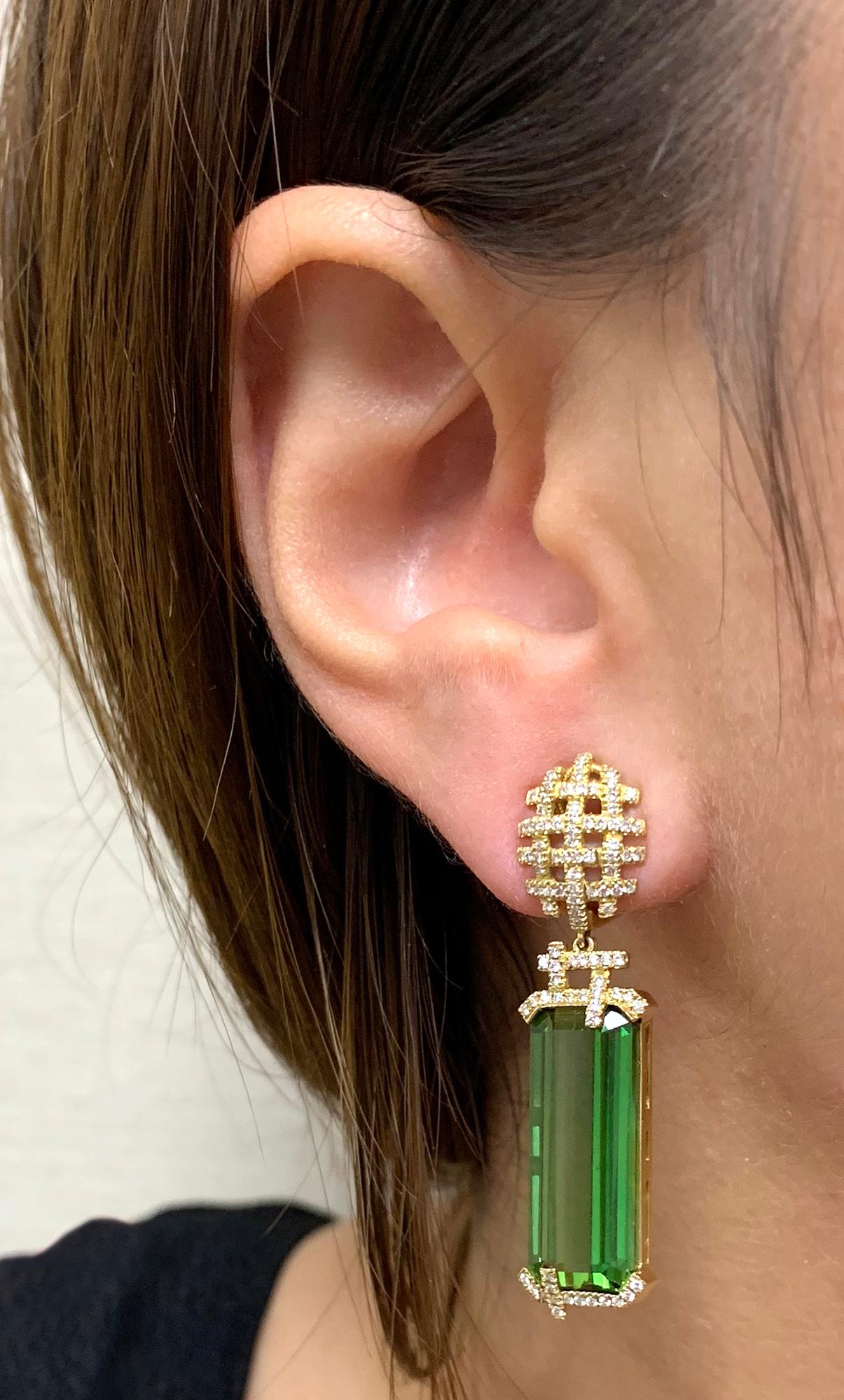 Green Tourmaline Emerald Cut Earrings with Diamonds Set Pave Earrings with Omega Clip in 18K Yellow Gold, from 'G-One' Collection. Our G-One Collection undeniably carries the most special pieces of Goshwara. The sought-after, one-of-a-kind pieces