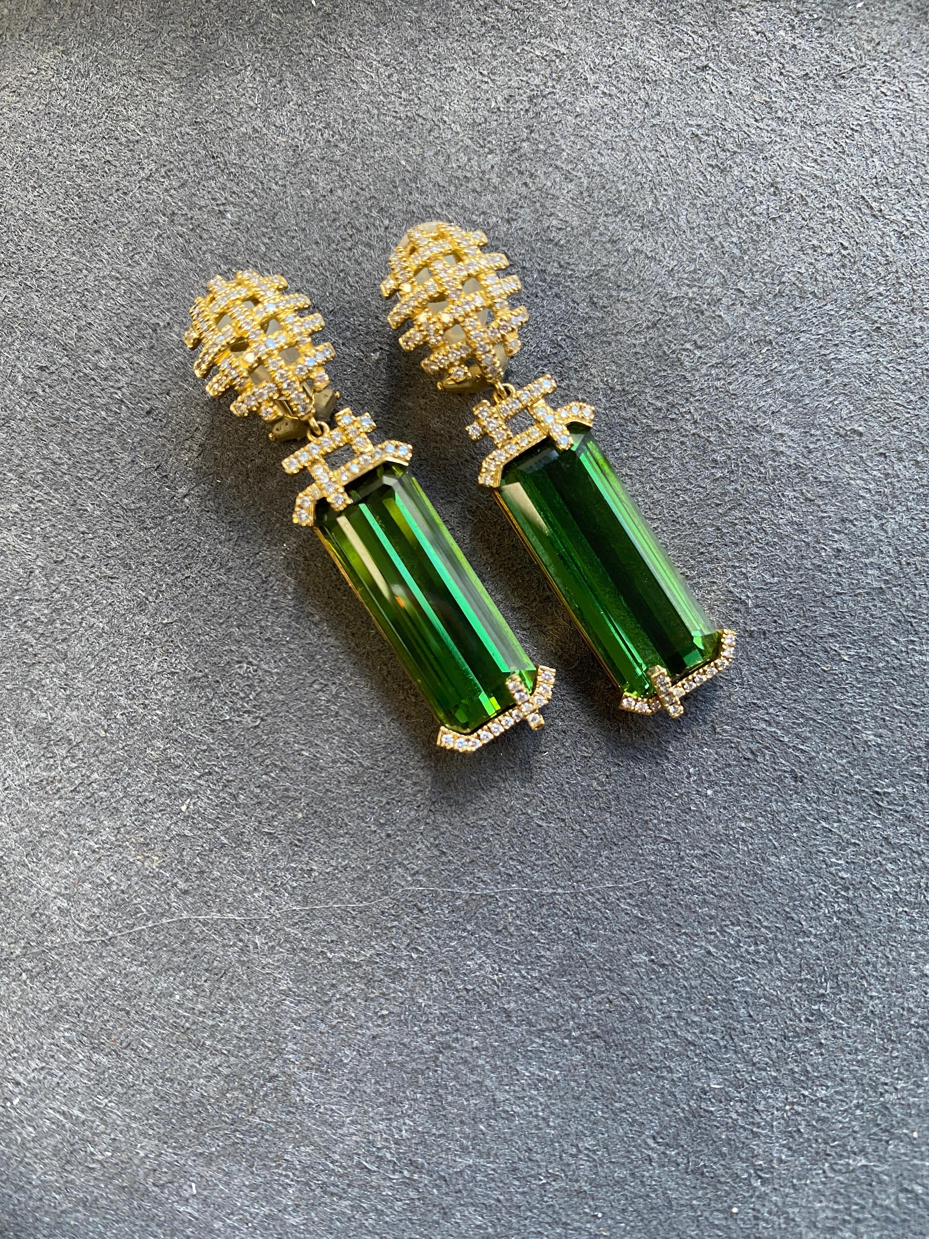 Contemporary Goshwara Emerald Cut Green Tourmaline and Diamond Earrings For Sale