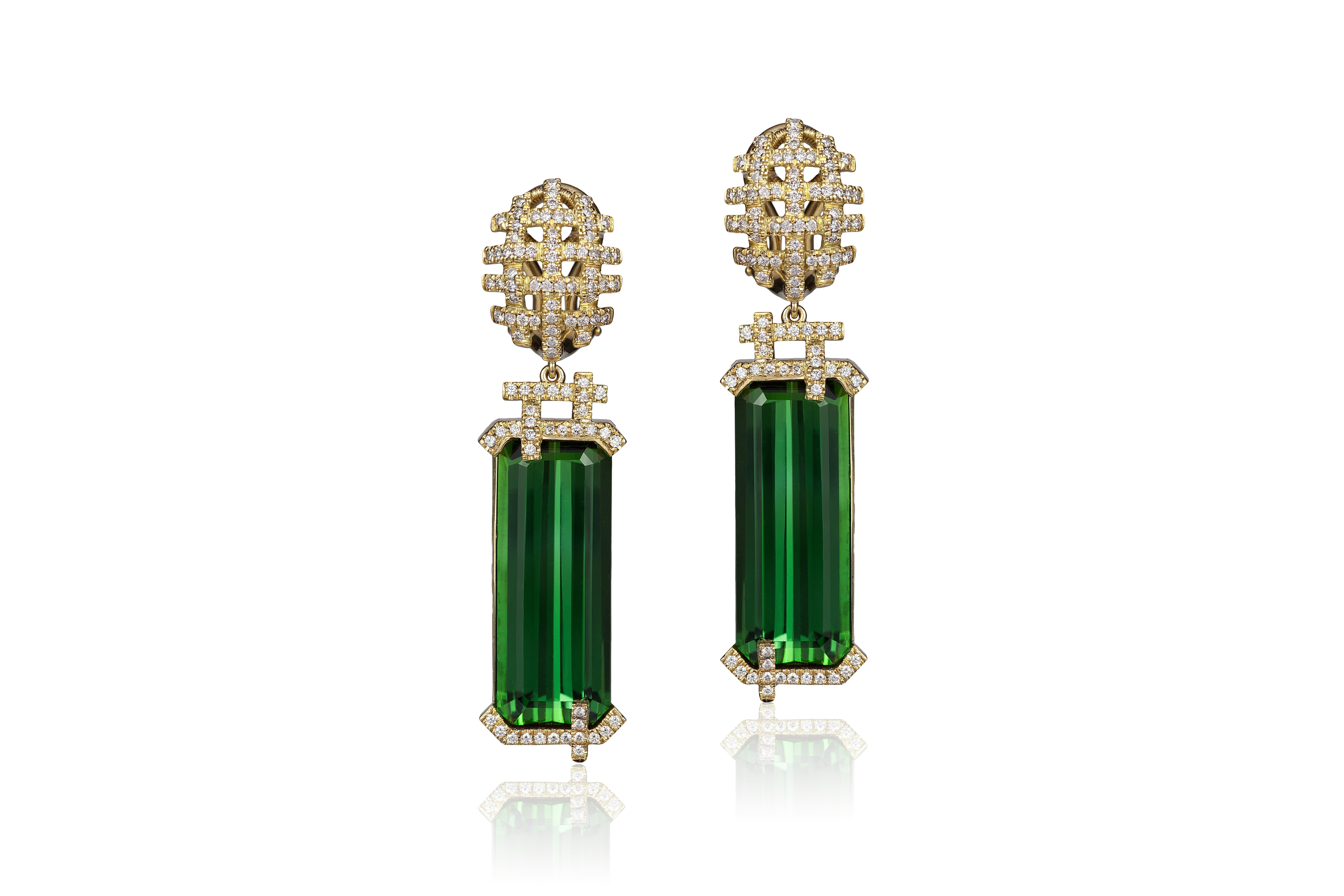 Women's Goshwara Emerald Cut Green Tourmaline and Diamond Earrings For Sale