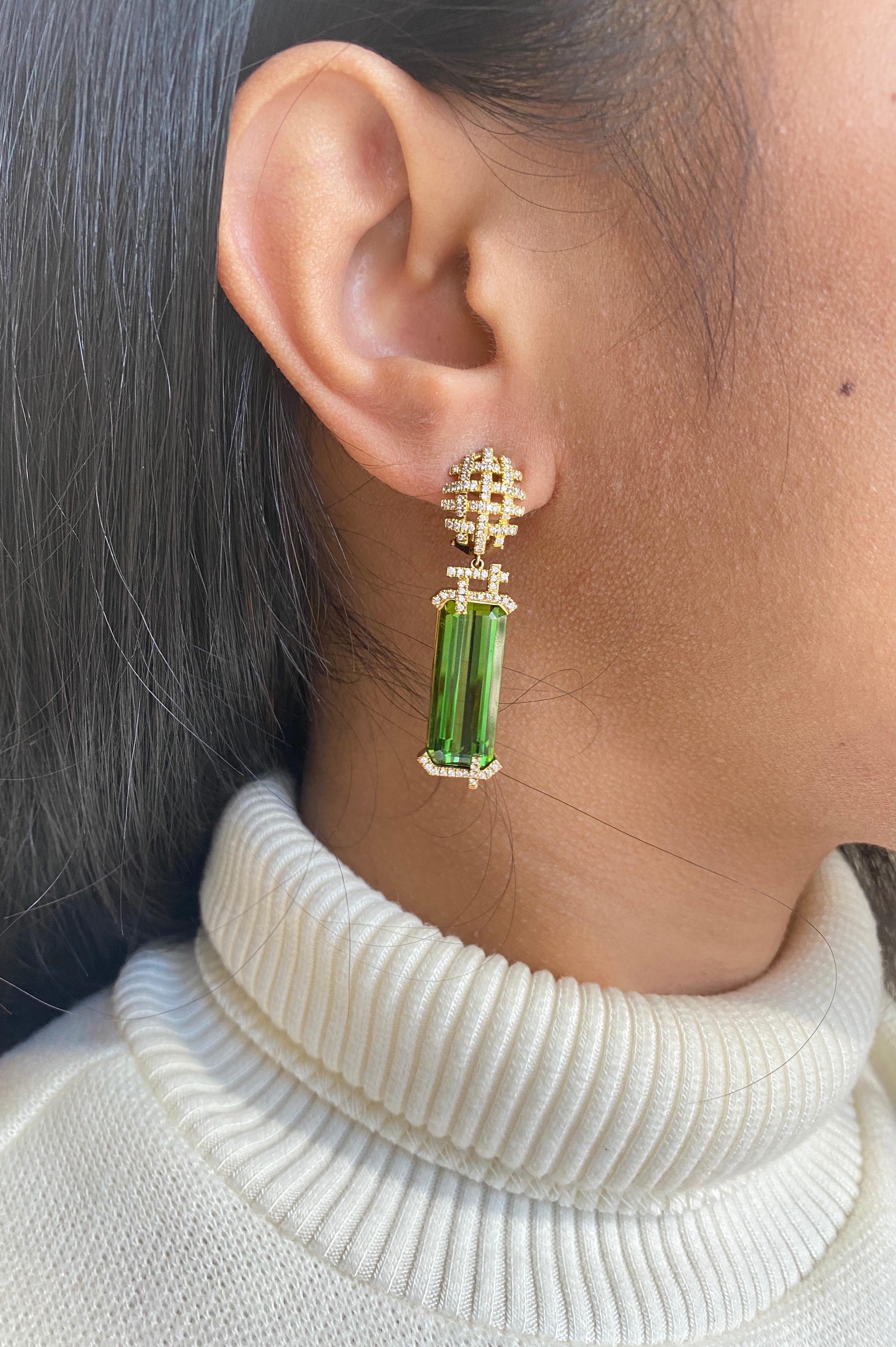 Goshwara Emerald Cut Green Tourmaline and Diamond Earrings For Sale 1
