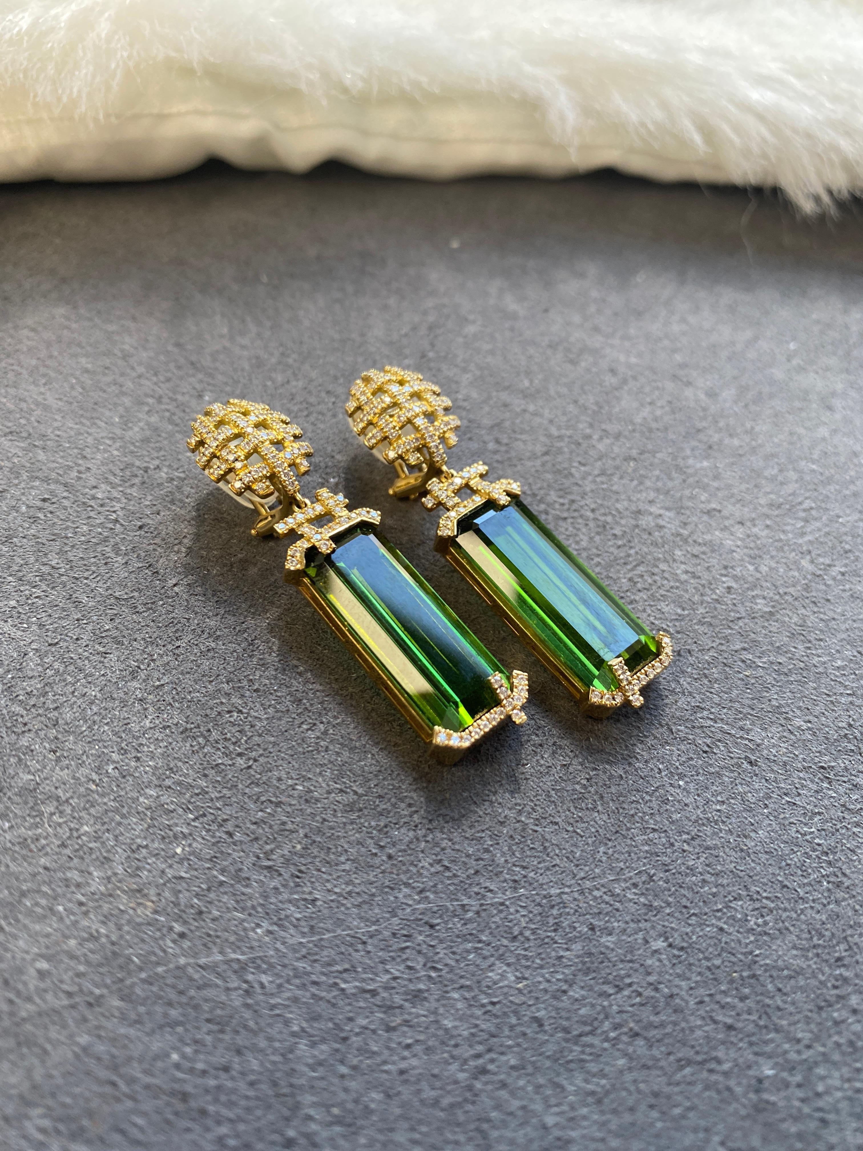 Goshwara Emerald Cut Green Tourmaline and Diamond Earrings For Sale 2